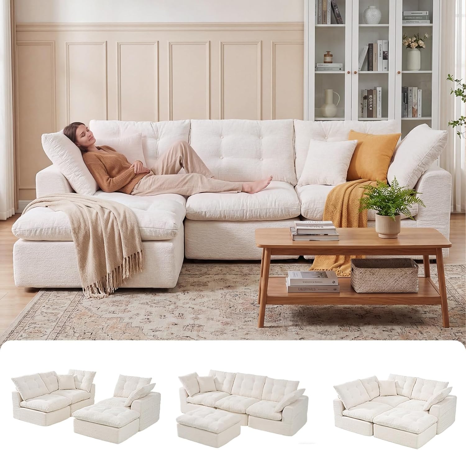 112" Boneless Couch Chenille Cloud Couch Oversized Modular Sectional Sofa with Storage Pockets for Living Room, Bedroom, No Assembly Required, L-Shape with Ottoman+3 Seater (Beige)