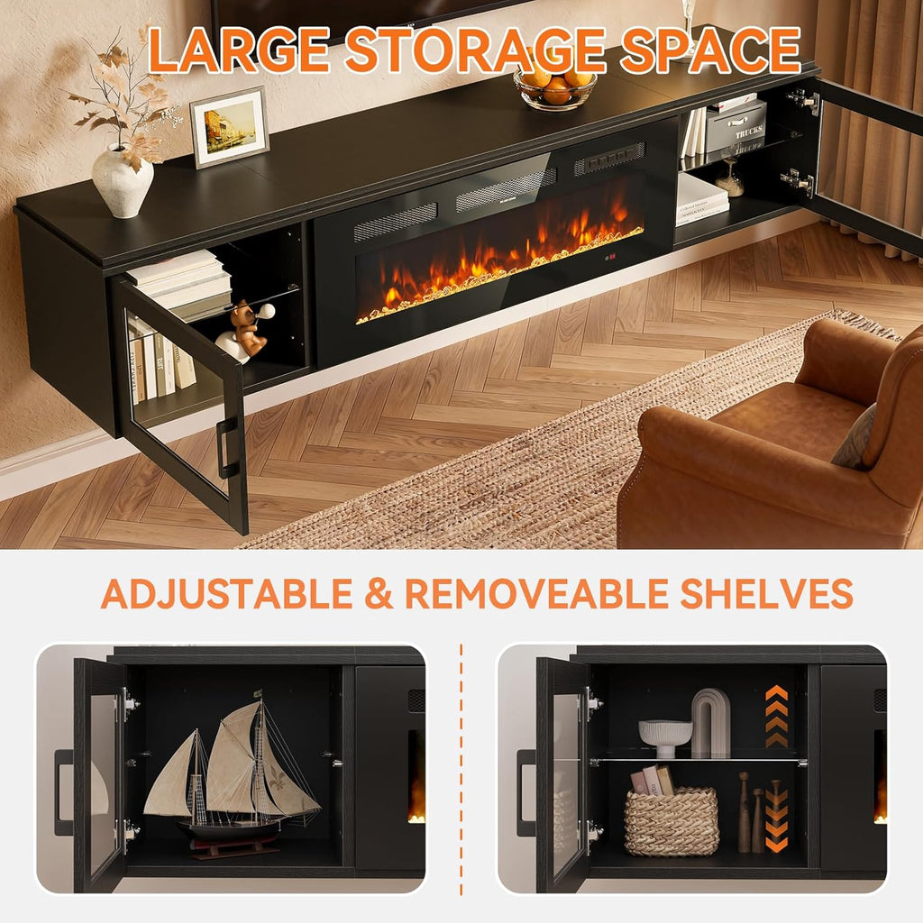 Nordivale 70" Floating TV Stand with 36" Electric Fireplace, Wall Mounted Fireplace Entertainment Center with Storage for TVs Up to 80",WI-FI Enable Fireplace TV Stand for Living Room,Black&Black