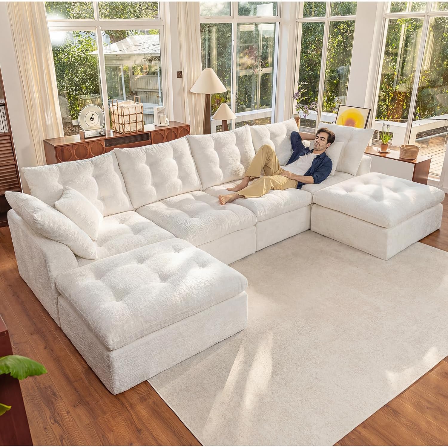 110" Cloud Sectional Couches L-Shaped Modular Boneless Chenille Sofa Couches with Deep Seat Ottoman and Side Pockets, Module Combination for Living Room 3 Seater
