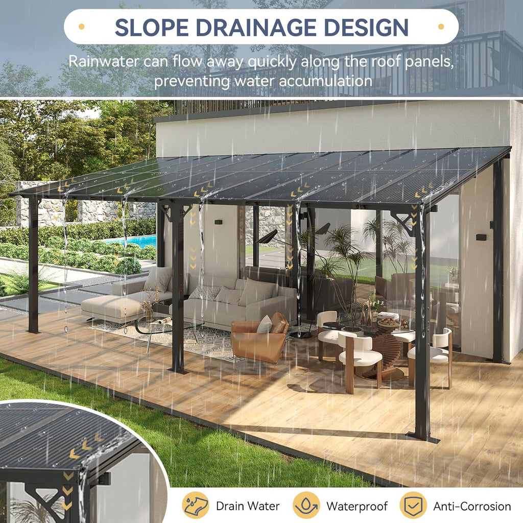 Breezestival 10' x 20' Lean to Gazebo with Polycarbonate Panel Wall Mounted Gazebo with Aluminum Top Frame Awing for Patio, Deck, Garden