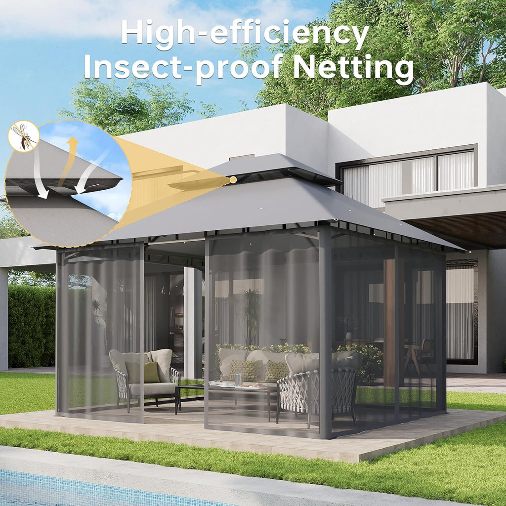 Aoxun 12x10 Gazebo with Double Roof & Mosquito Netting Outdoor Heavy-Duty Party Tent, Patio Tent with Zipper Screens - Backyard Garden Lawn Shelter Includes Wind Ropes Expansion Bolts, Gray