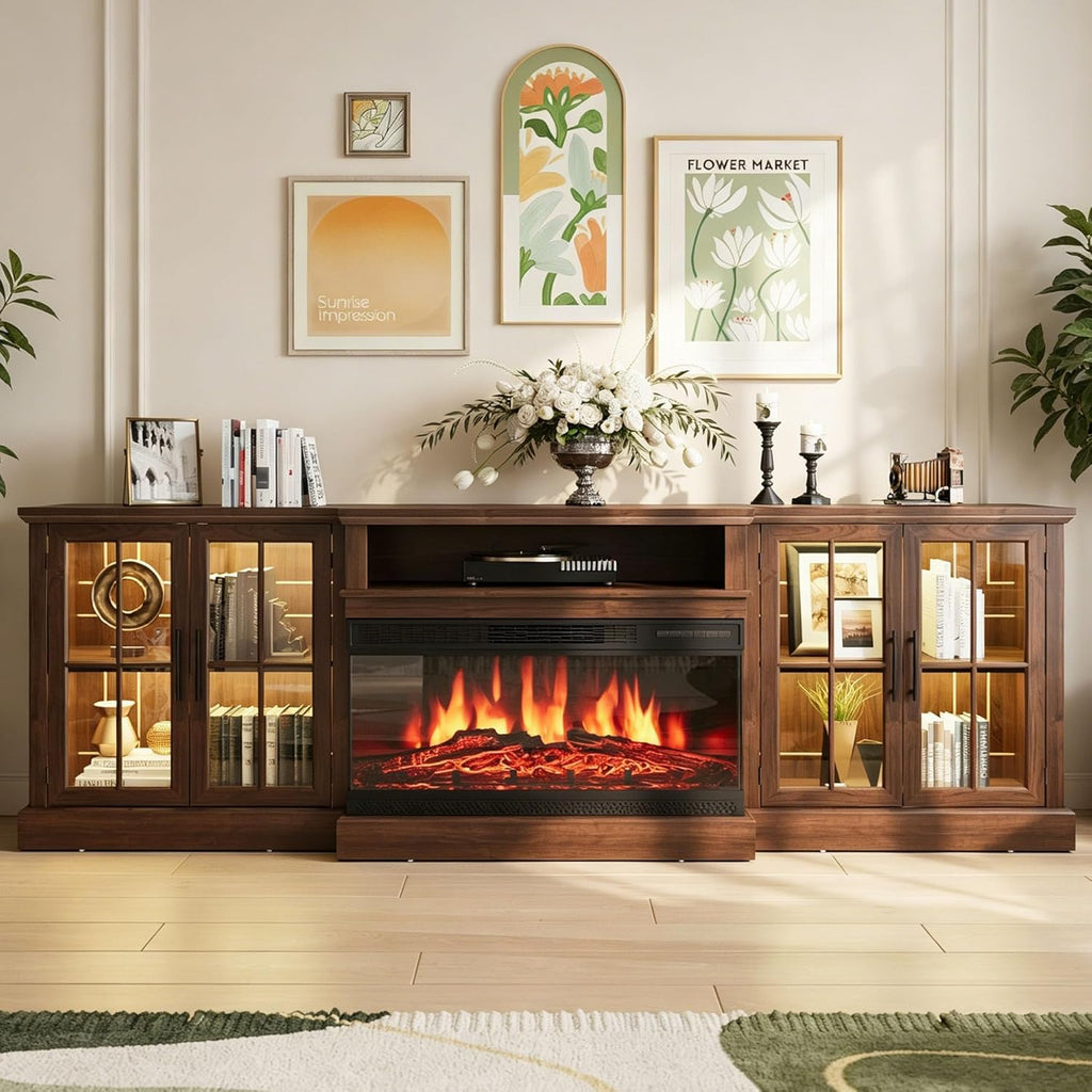 Nordivale 98" Farmhouse Fireplace TV Stand,TV Console with 36" Fireplace for TVs up to 100", Entertainment Center with Adjustable Shelves and Large Storage Cabinets for Living Room, Brown & Black