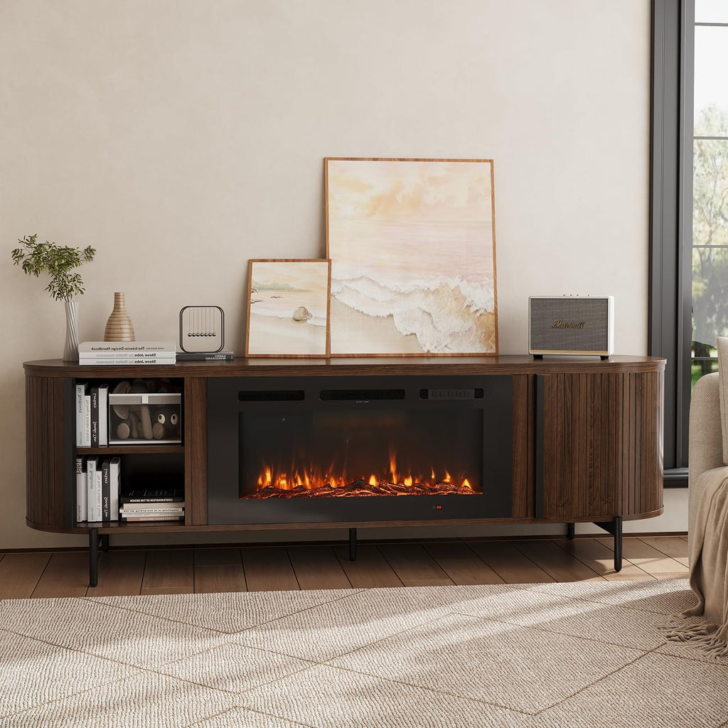 Luxury 70" Fluted TV Stand with Fireplace, Mid Century Modern TV Stand, Entertainment Center for TVs Up to 80", Electric Fireplace TV Console for Living Room with Storage,70 Inch, Brown