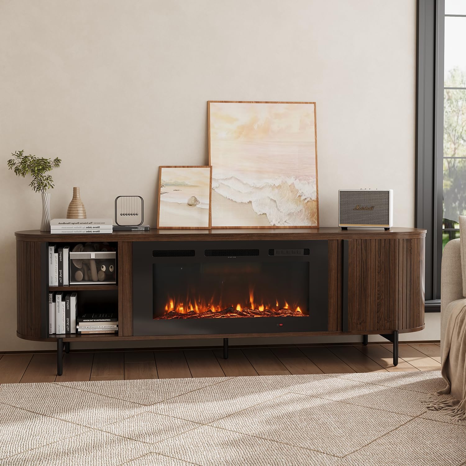 Luxury 70" Fluted TV Stand with Fireplace, Mid Century Modern TV Stand, Entertainment Center for TVs Up to 80", Electric Fireplace TV Console for Living Room with Storage,70 Inch, Brown