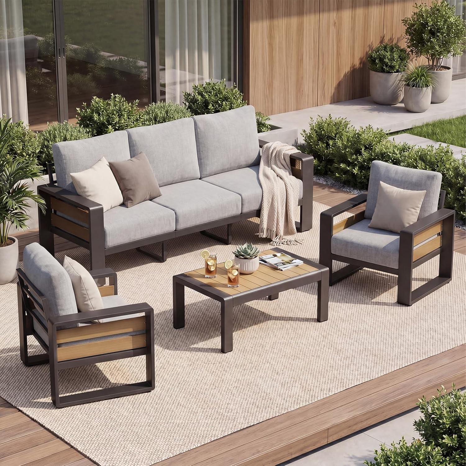 LET'S PATIO Aluminum Patio Furniture Set 7 Seats, Oversized Outdoor Sectional with 5.5" Washable Thick Cushions, Patio Conversation Sets with Coffee Table for Backyard