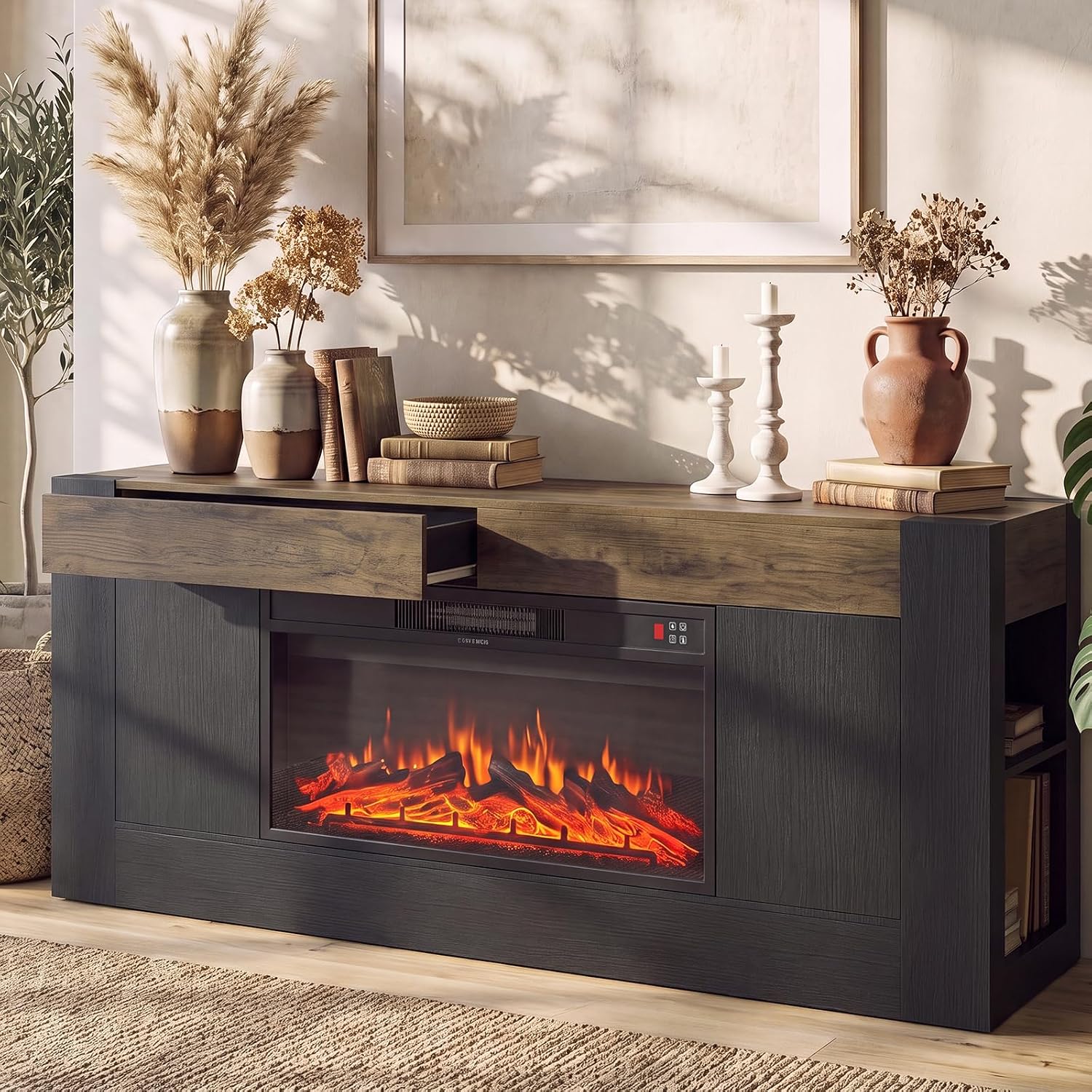 Modern 70 inch TV Stand with Electric Fireplace and Storage, Black | Fireplace Entertainment Center for TVs Up to 80", Media Console with Side Storage, Thick Wood Design for Living Room
