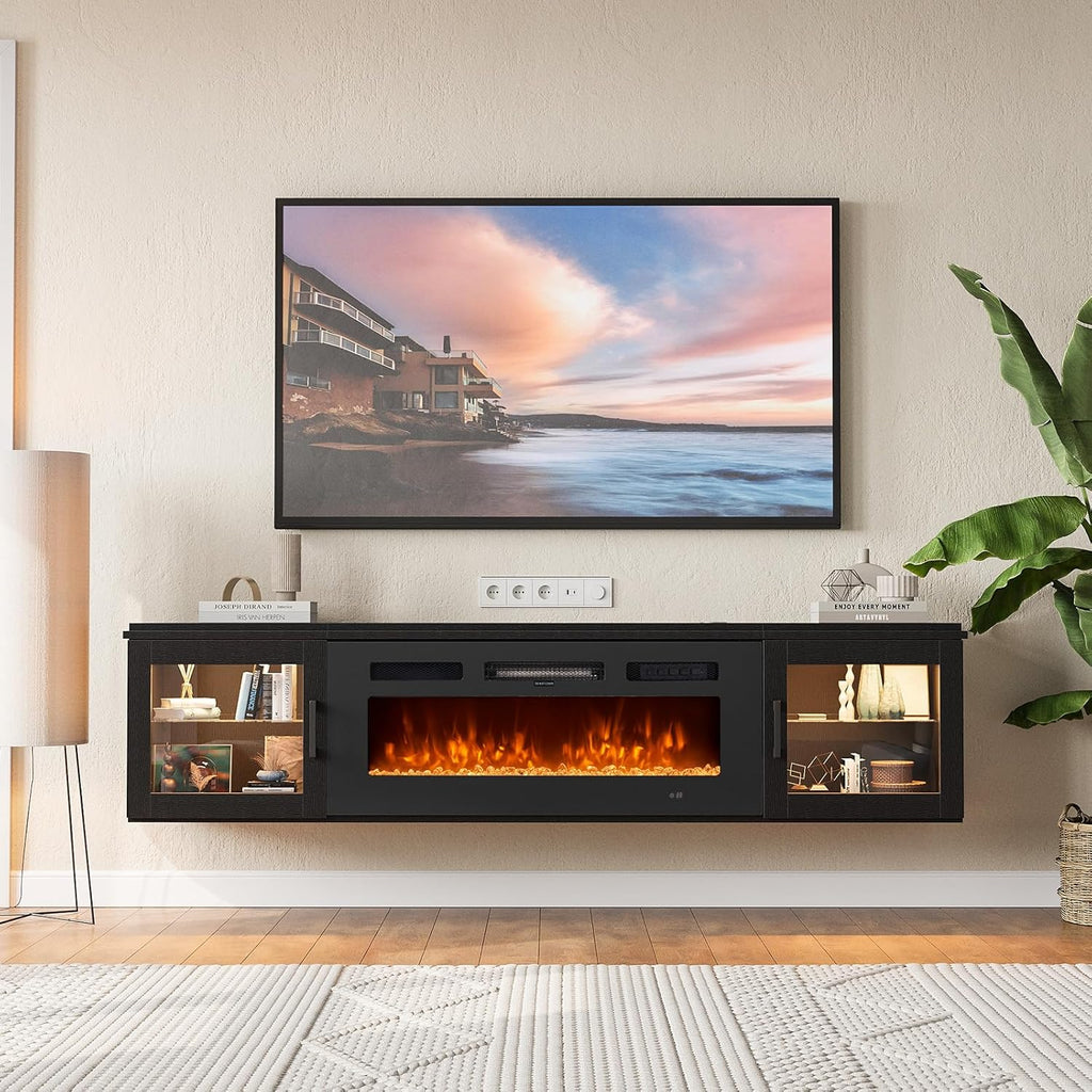 Nordivale 80" Floating TV Stand with 36" Electric Fireplace, Wall Mounted Fireplace Entertainment Center with Storage for TVs Up to 90",Fireplace TV Stand for Living Room，Brown&Black