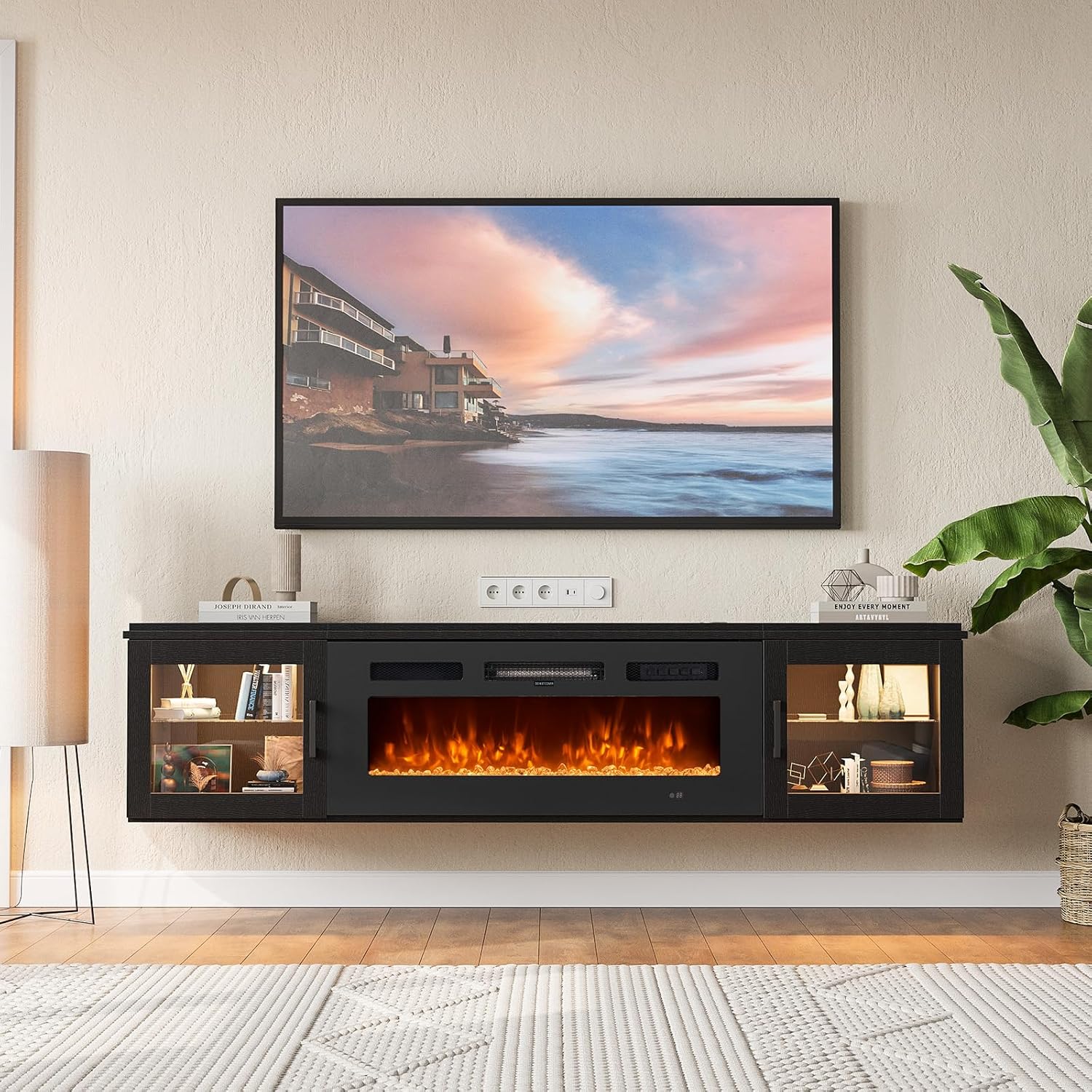 Nordivale 80" Floating TV Stand with 36" Electric Fireplace, Wall Mounted Fireplace Entertainment Center with Storage for TVs Up to 90",Fireplace TV Stand for Living Room，Brown&Black