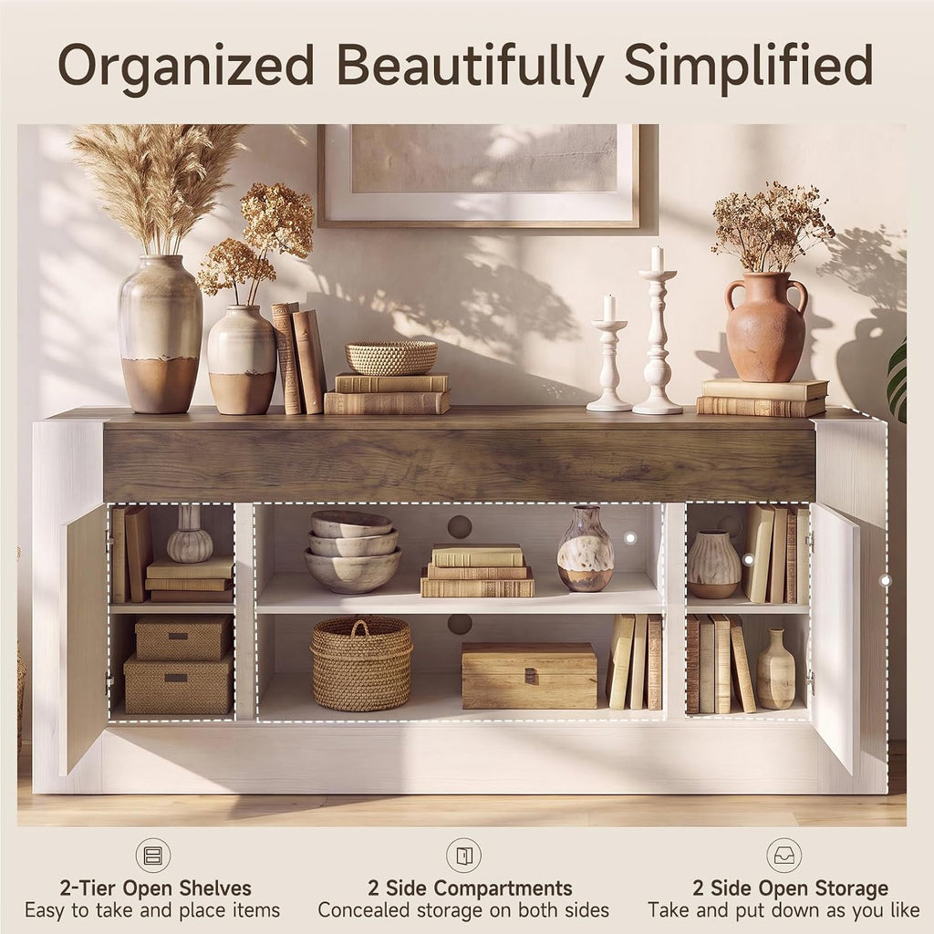 70 inch TV Stand for TVs Up to 80 Inches with Storage, White | Modern Entertainment Center and Media Console with Open Shelves, 2 Side Cabinets and Thick-Frame Design for Living Rooms