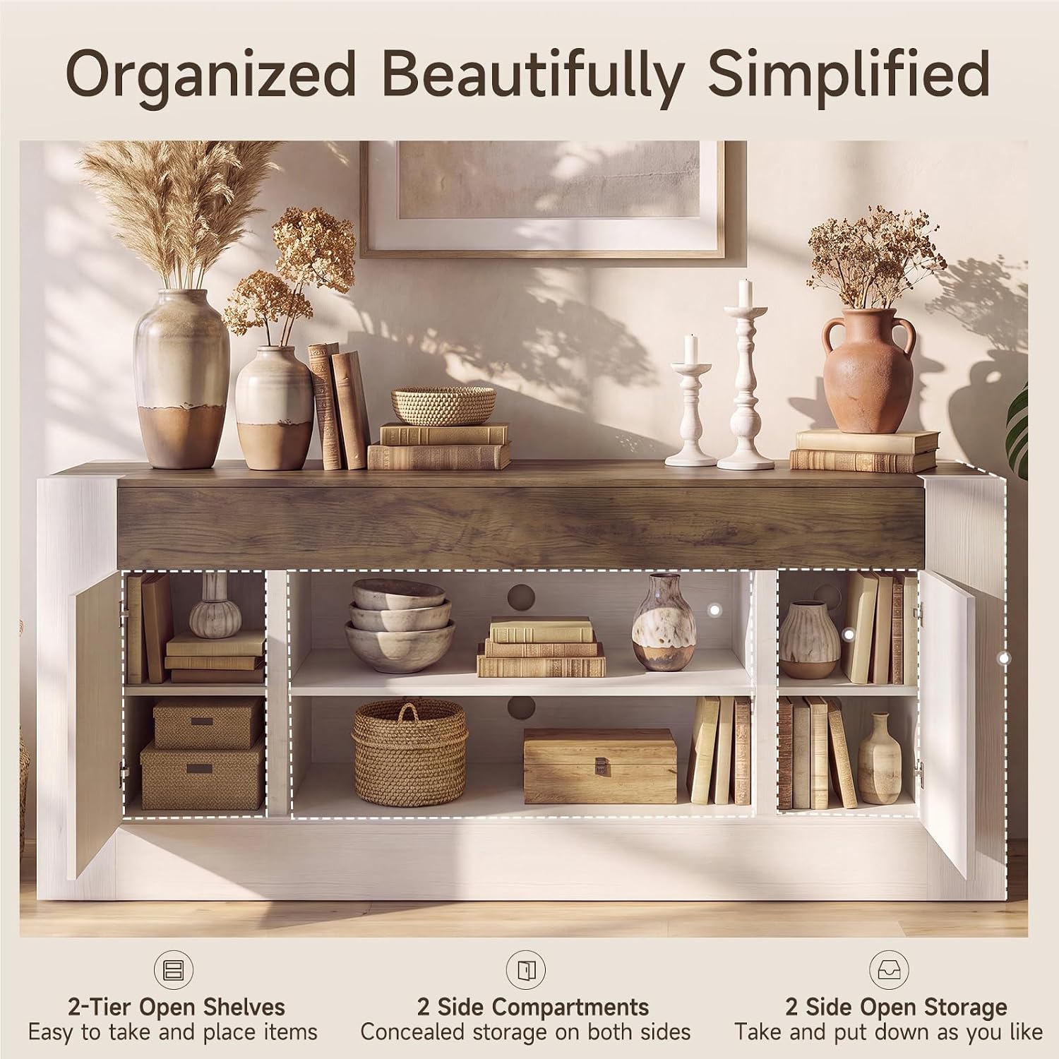 70 inch TV Stand for TVs Up to 80 Inches with Storage, White | Modern Entertainment Center and Media Console with Open Shelves, 2 Side Cabinets and Thick-Frame Design for Living Rooms