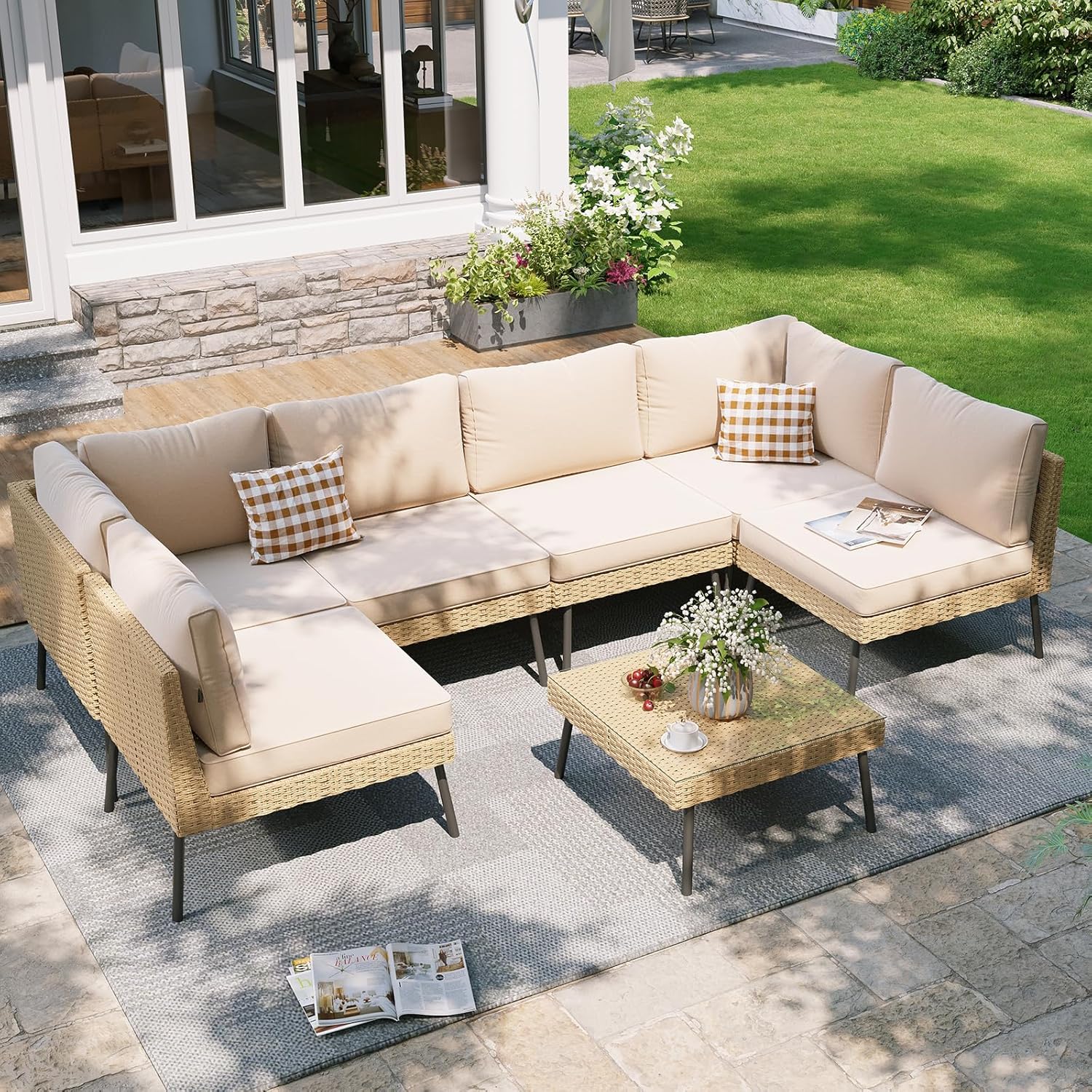 Aoxun 7-Piece Patio Furniture Set, Wicker Outdoor Furniture with Water Resistant Thick Cushions, Patio Conversation Set Outdoor Sectional Sofa with Coffee Table for Backyard Poolside