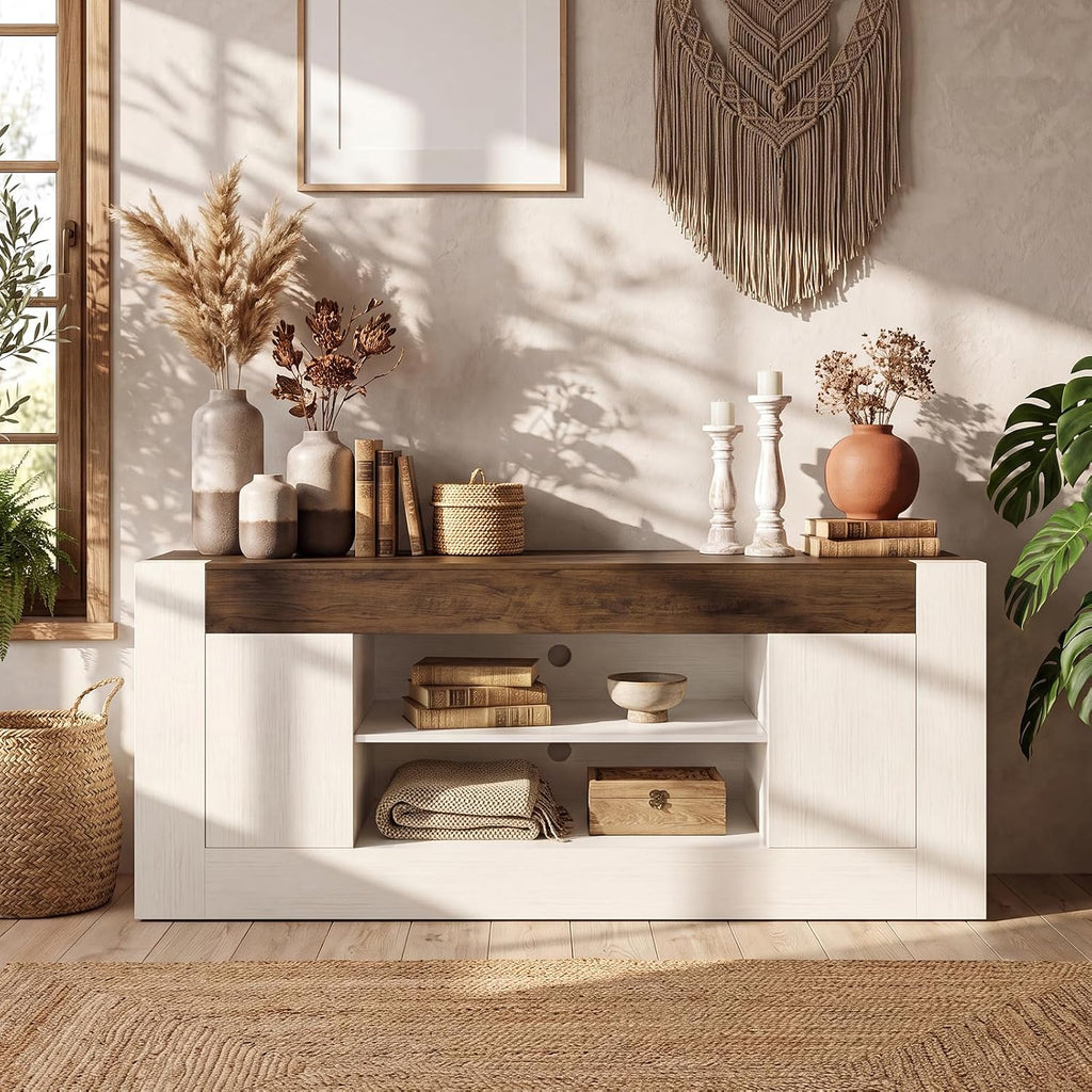 70 inch TV Stand for TVs Up to 80 Inches with Storage, White | Modern Entertainment Center and Media Console with Open Shelves, 2 Side Cabinets and Thick-Frame Design for Living Rooms