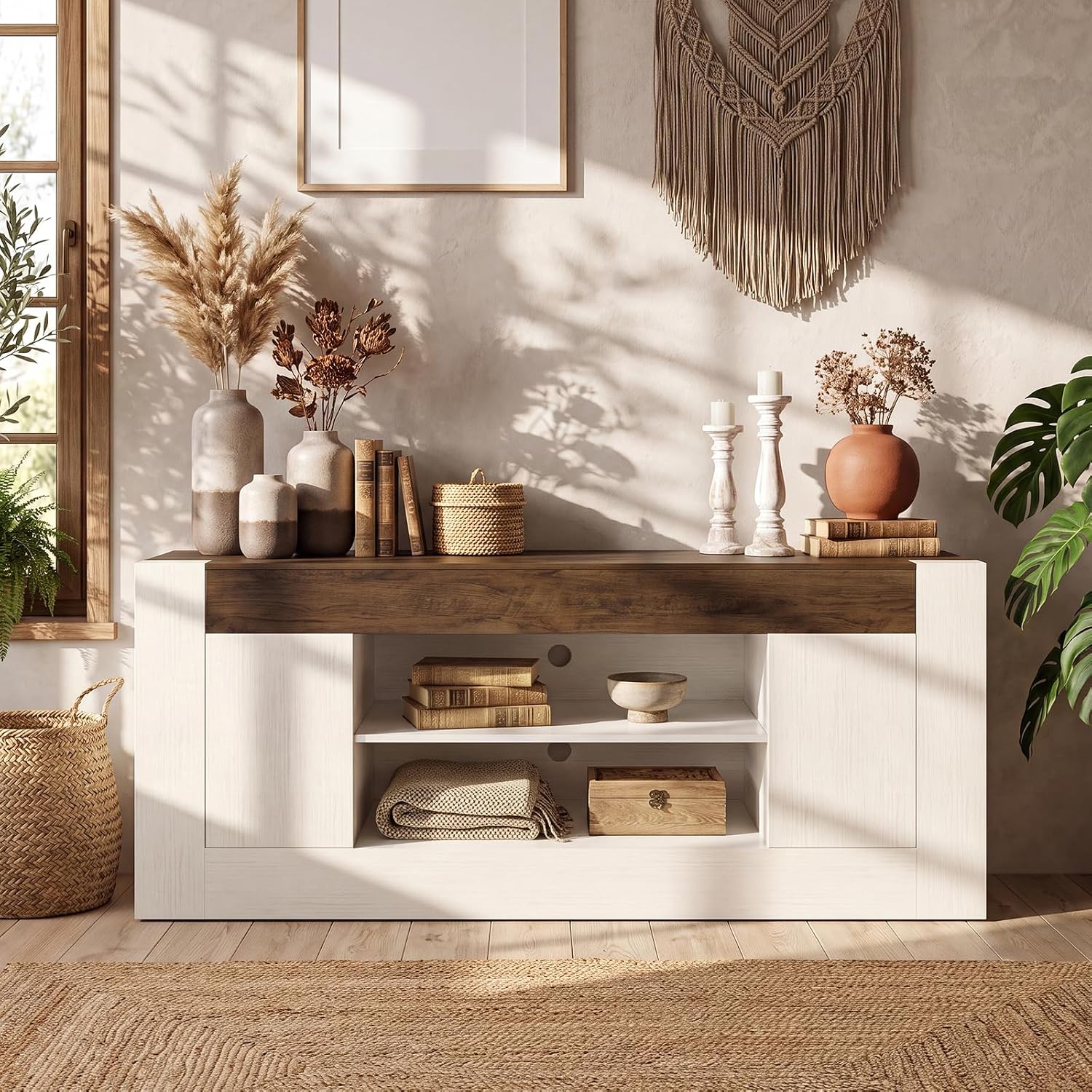70 inch TV Stand for TVs Up to 80 Inches with Storage, White | Modern Entertainment Center and Media Console with Open Shelves, 2 Side Cabinets and Thick-Frame Design for Living Rooms