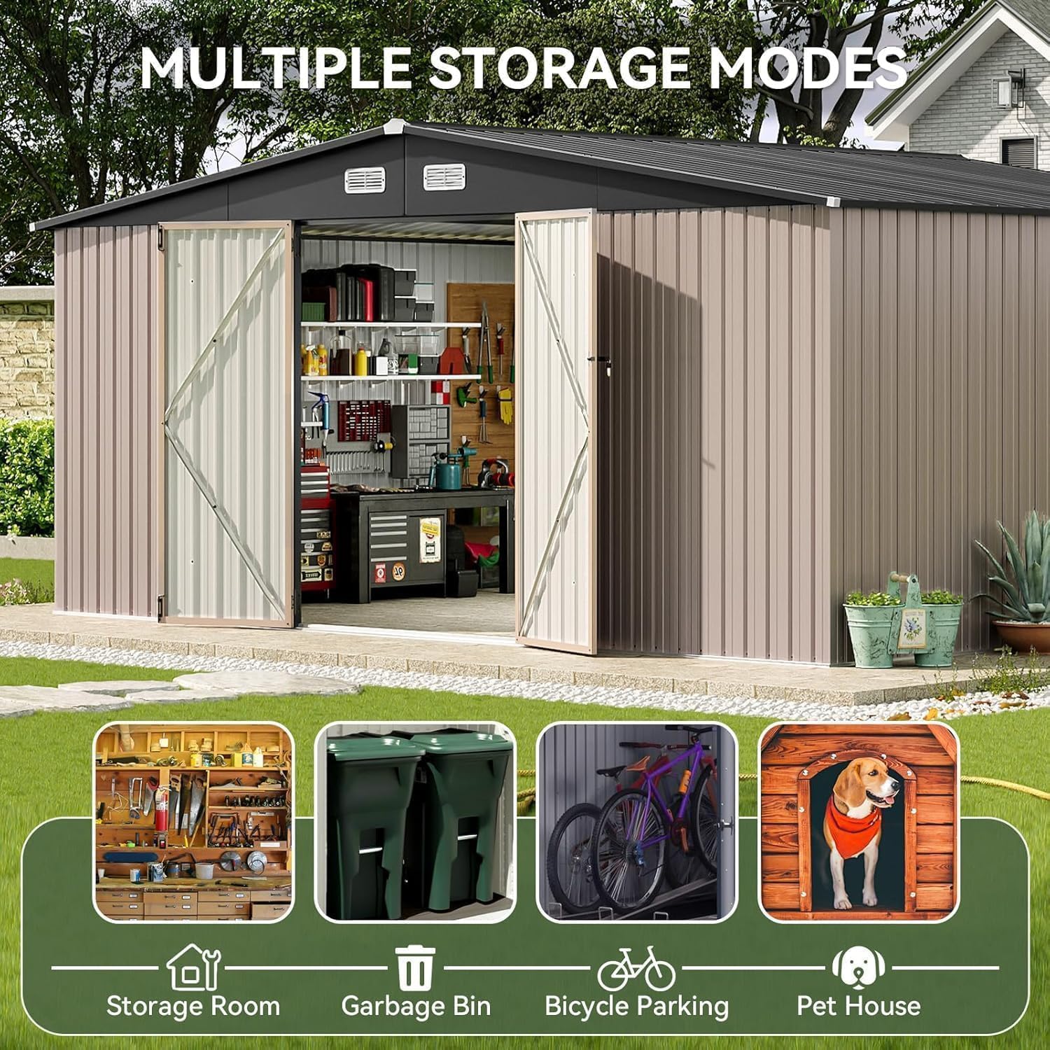 Aoxun 14x12 FT Large Outdoor Storage Shed, Galvanized Metal Shed with 2 Lockable Tall Doors & Sloped Roof, Heavy Duty Utility Tool Storage House for Patio, Garden, Backyard, Lawn (Brown)