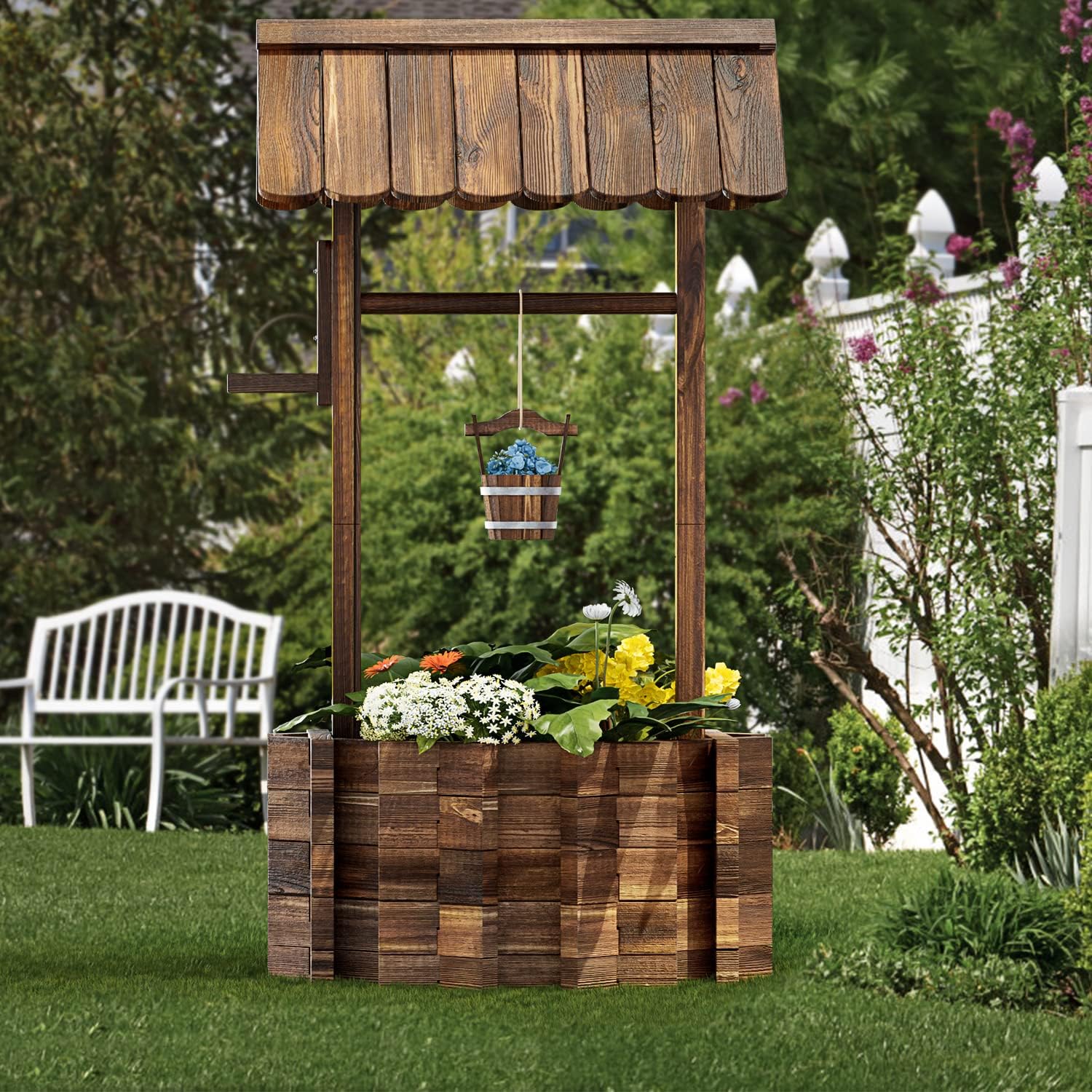 Aoxun Wooden Wishing Well Planters with Hanging Bucket, Garden Helper, Rustic Garden Decor for Outside, Yard, and Patio, Upgrade Reinforced Base, Brown