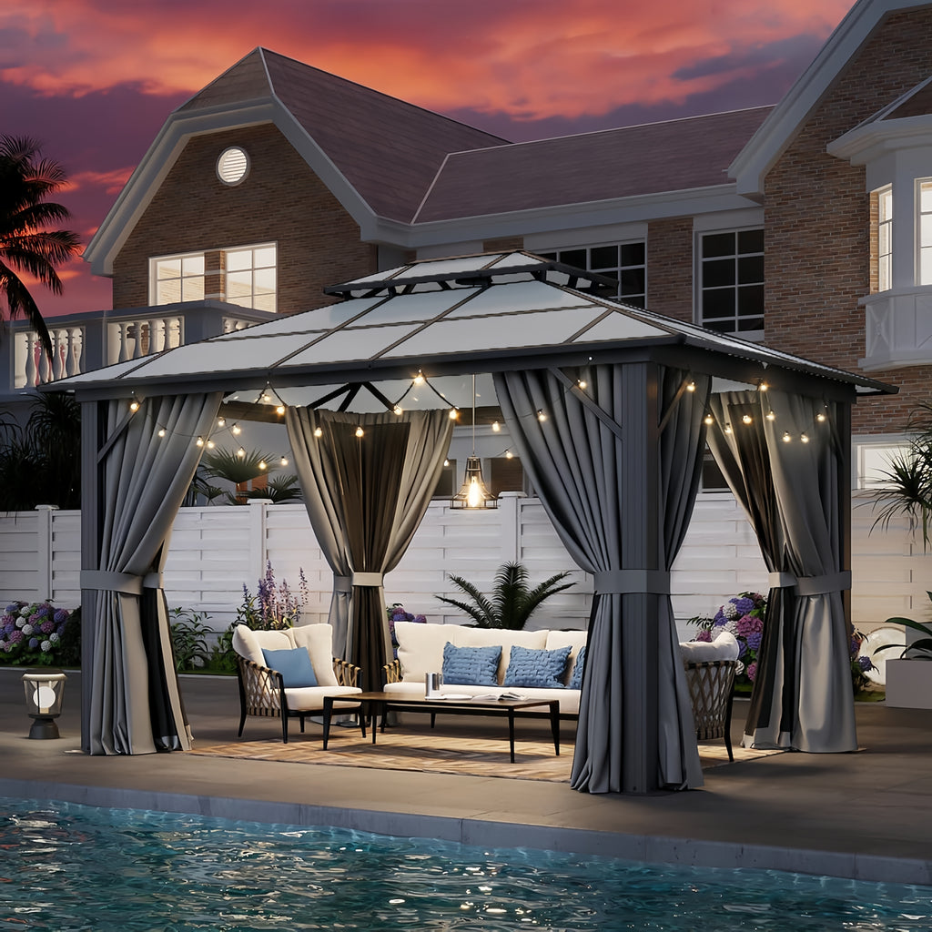 Breezestival 10'x12' Hardtop Gazebo Outdoor Permanent Gazebo with Double Polycarbonate Roof Canopy, Aluminum Frame Permanent Pavilion with Curtains and Netting for Patio,Garden,Lawns