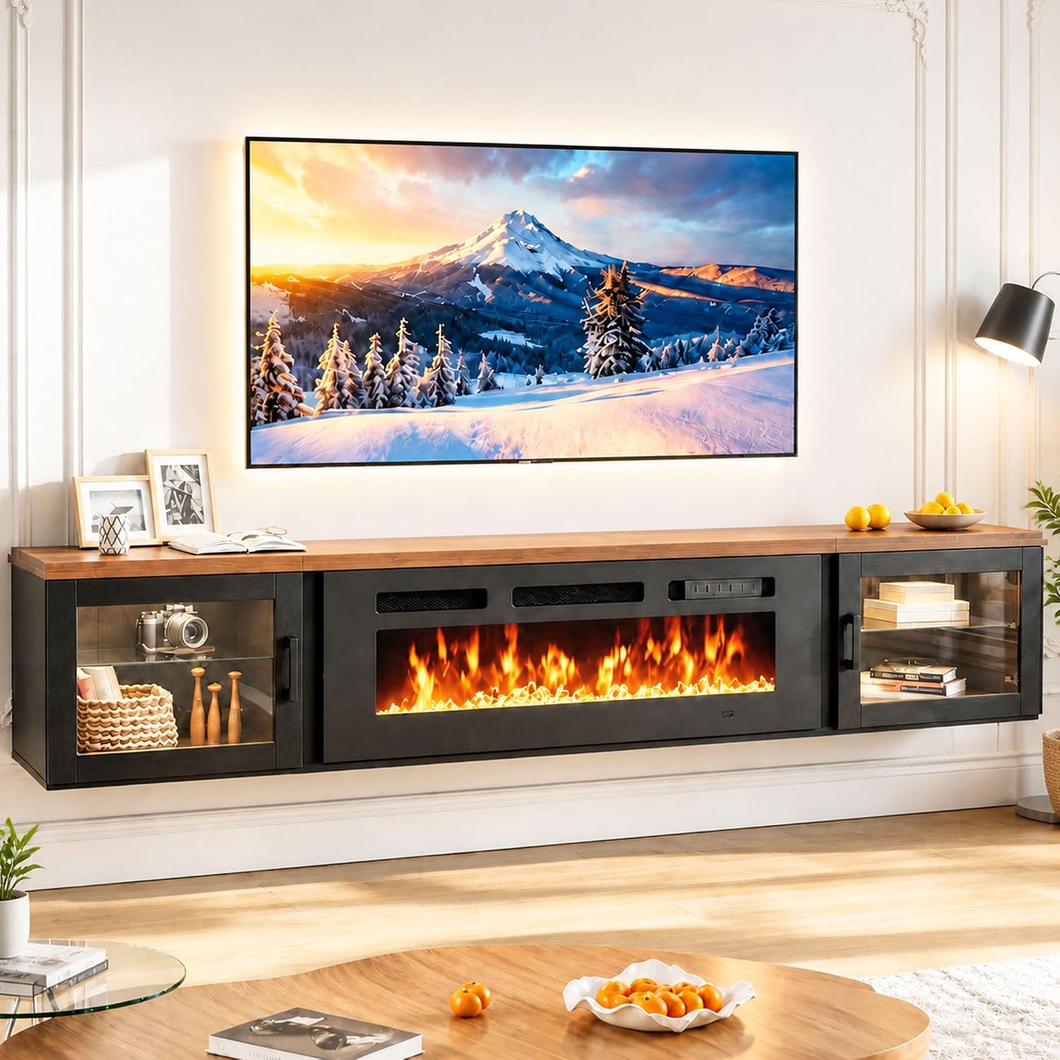Nordivale 80" Floating TV Stand with 36" Electric Fireplace, Floating Wall Mounted Fireplace Entertainment Center with Storage for TVs Up to 90",Fireplace TV Console for Living Room，Walnut &Black