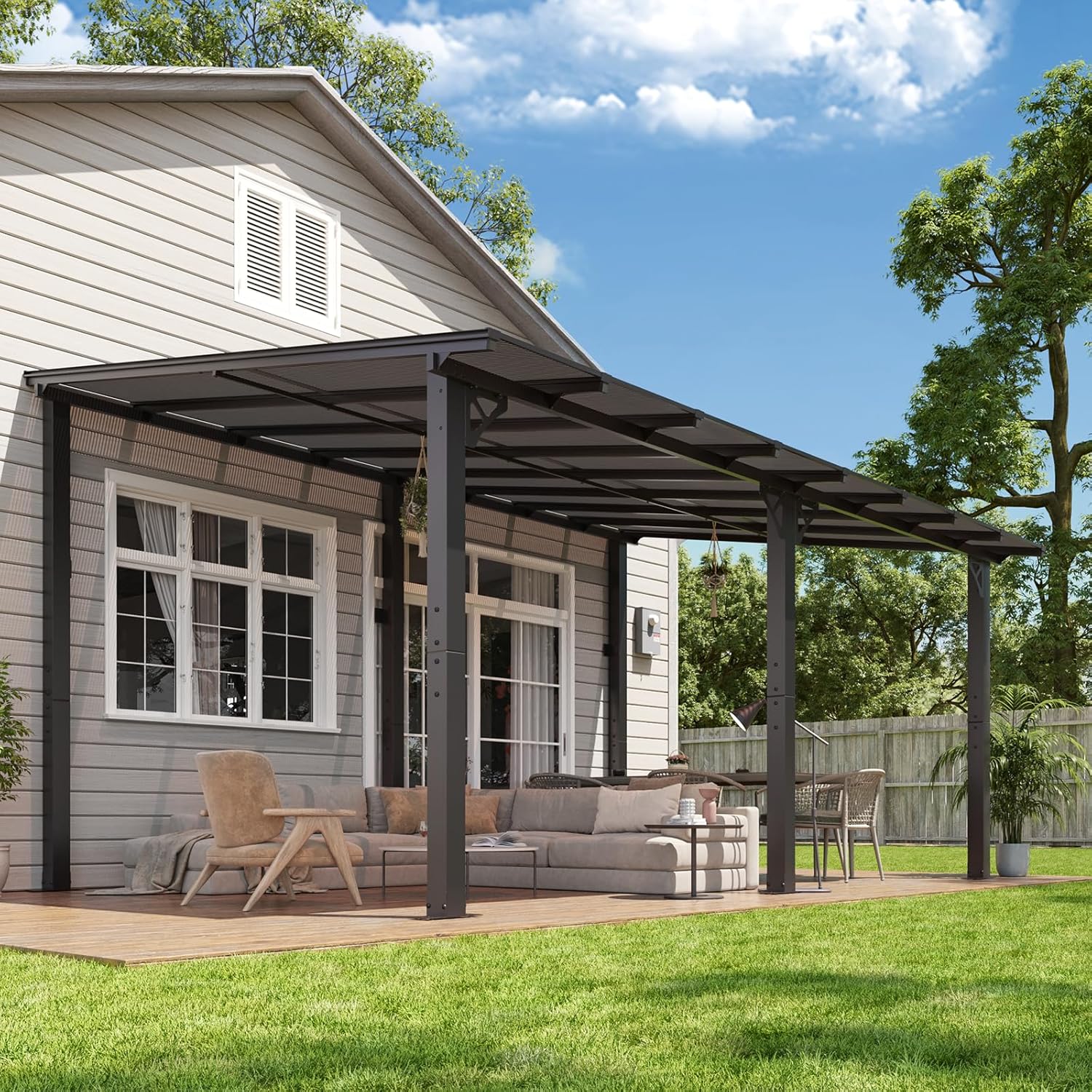 Aoxun 16'x 10' Premium Gazebo with Aluminum Top Frame & Polycarbonate Panel, Wall Mounted Gazebos Pergola, Outdoor Patio Lean to Gazebo, Awnings with Sloped Roof, for Backyard, Porch, Deck