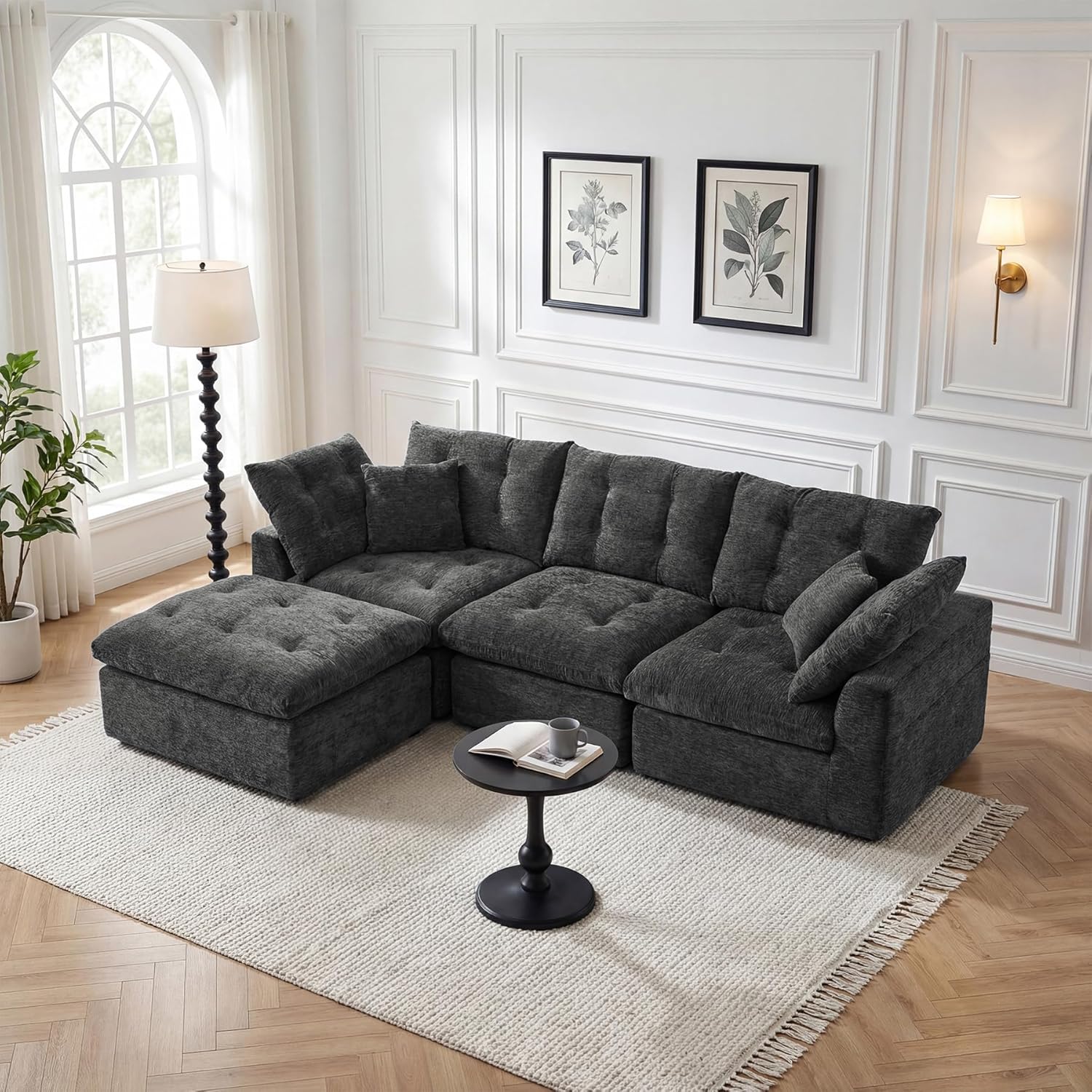 112" Boneless Couch Chenille Cloud Couch Oversized Modular Sectional Sofa with Storage Pockets for Living Room, Bedroom, No Assembly Required, L-Shape with Ottoman+3 Seater (Beige)