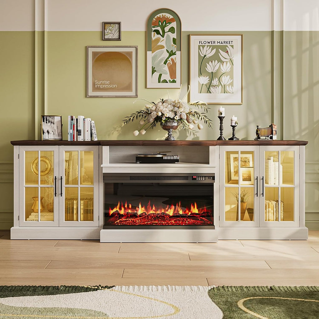 Nordivale 98" Farmhouse Fireplace TV Stand,Tv Console with 36" Fireplace for TVs up to 100", Entertainment Center with Adjustable Shelves and Large Storage Cabinets, for Living Room, White & Black