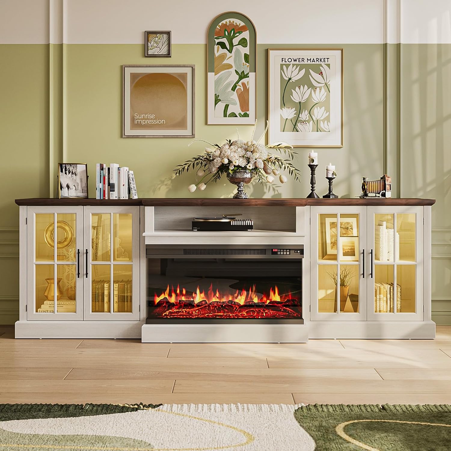 Nordivale 98" Farmhouse Fireplace TV Stand,Tv Console with 36" Fireplace for TVs up to 100", Entertainment Center with Adjustable Shelves and Large Storage Cabinets, for Living Room, White & Black