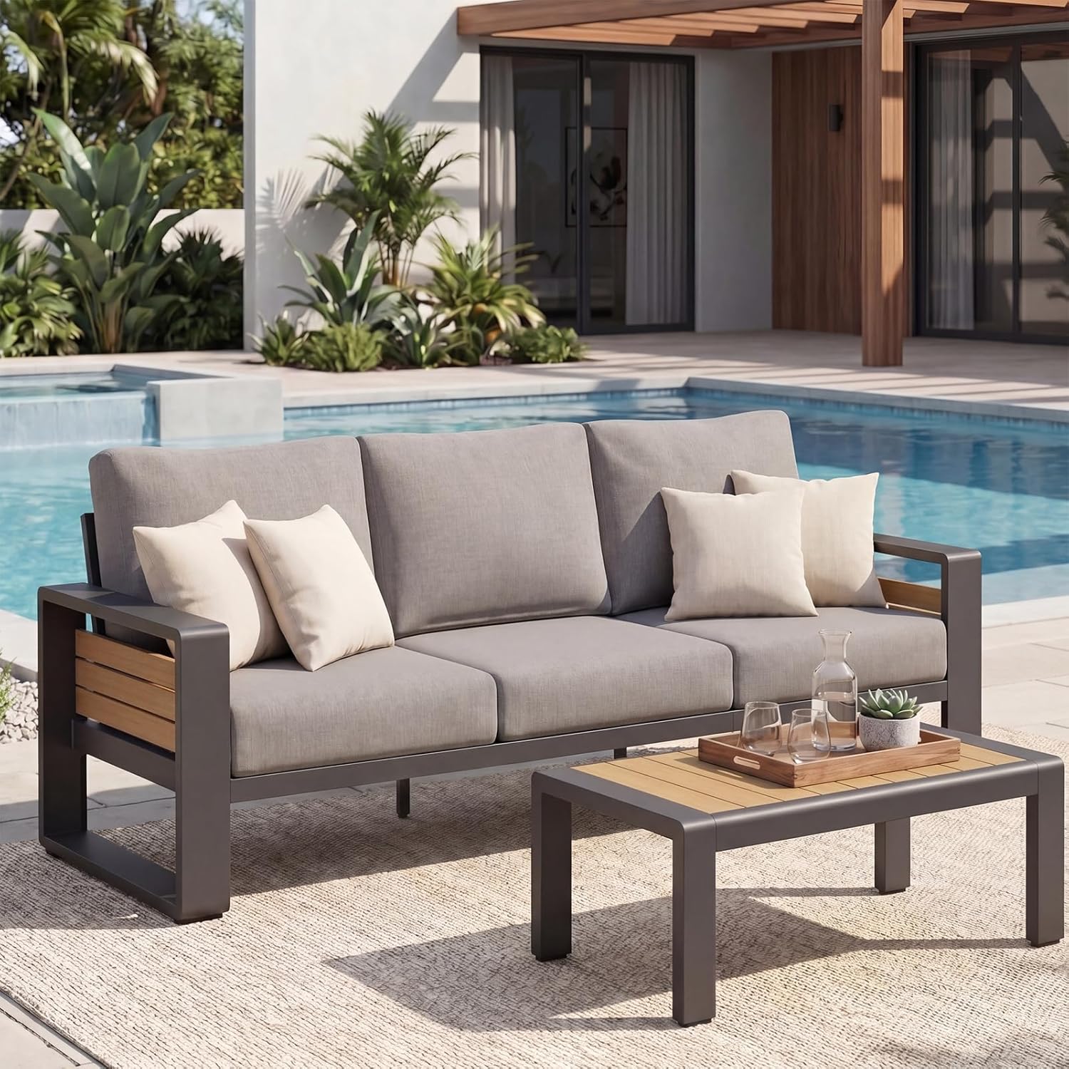 LET'S PATIO Aluminum Patio Furniture Set 7 Seats, Oversized Outdoor Sectional with 5.5" Washable Thick Cushions, Patio Conversation Sets with Coffee Table for Backyard
