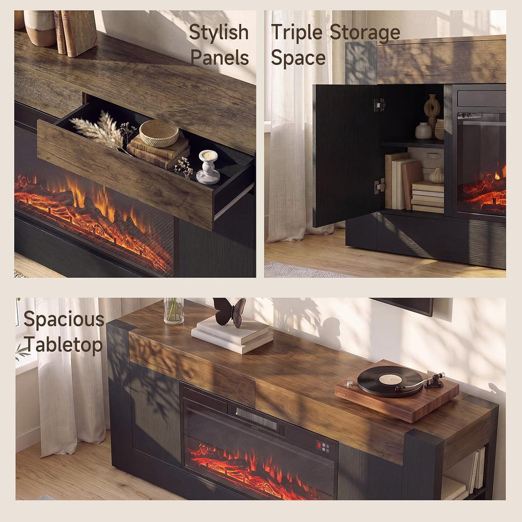 Modern 70 inch TV Stand with Electric Fireplace and Storage, Black | Fireplace Entertainment Center for TVs Up to 80", Media Console with Side Storage, Thick Wood Design for Living Room