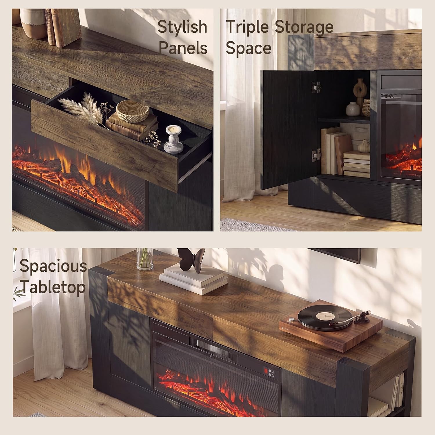 Modern 70 inch TV Stand with Electric Fireplace and Storage, Black | Fireplace Entertainment Center for TVs Up to 80", Media Console with Side Storage, Thick Wood Design for Living Room