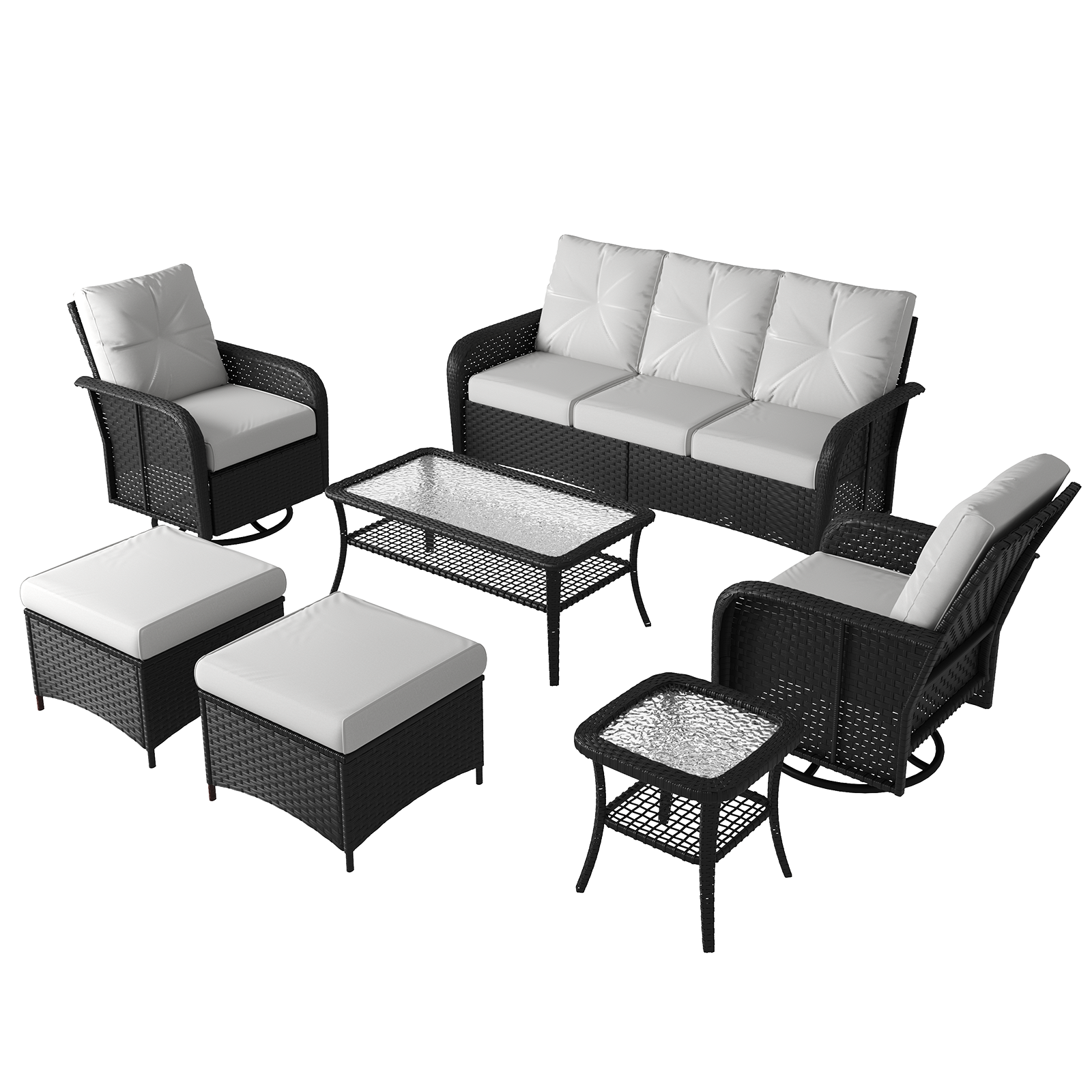 LazySunsets 7 Piece Outdoor Patio Furniture Set with Coffee Table, Wicker Rattan Outdoor Furniture with High Back Swivel Rocker Chairs, Outdoor Conversation Sets with Thick Cushions & Ottoman