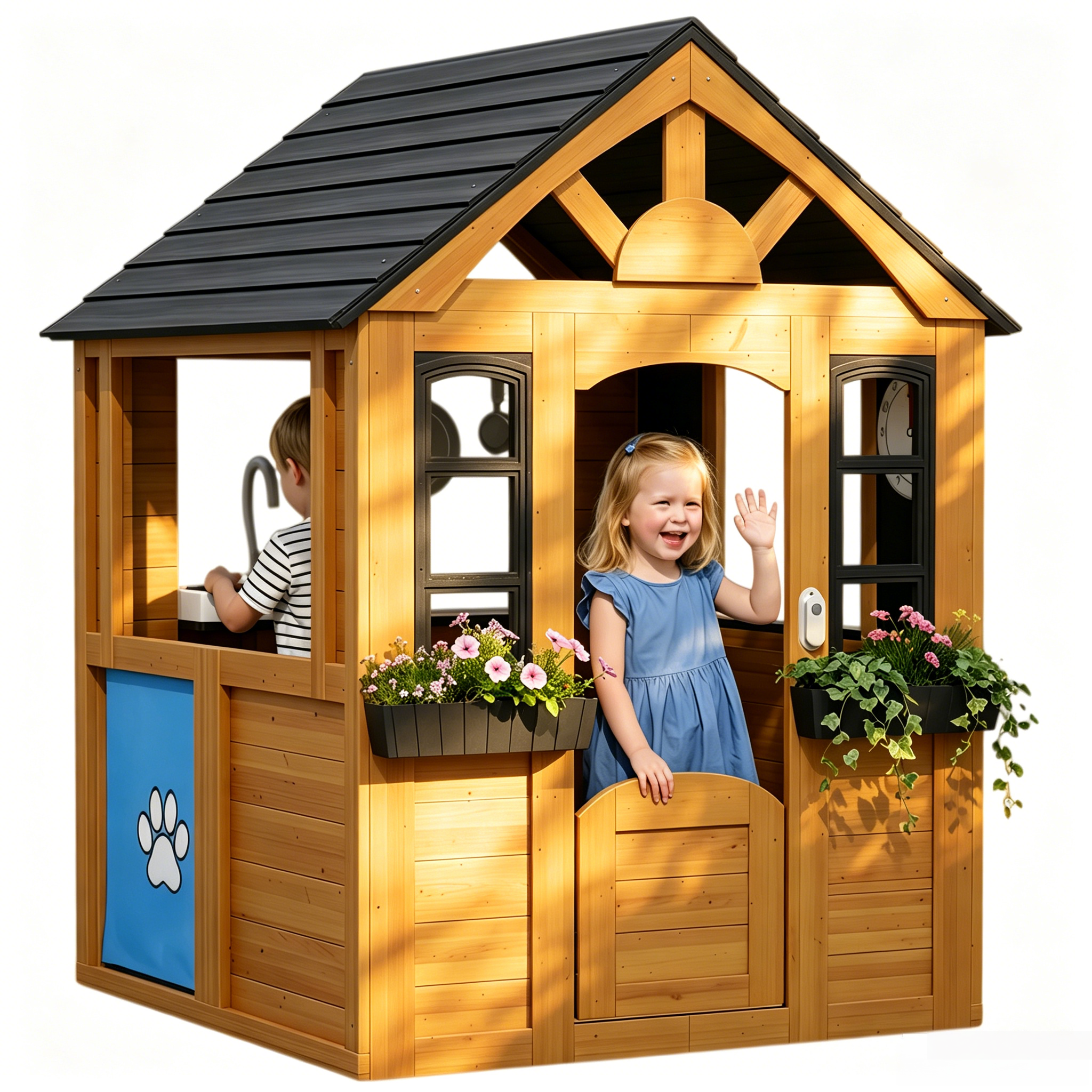 Aoxun Kids Outdoor Playhouse Wooden Play House for Toddlers Ages 3-6 with Play Kitchen,Snack Bar,Pet Door,Blackboards,Windows,Flowerpots,Doorbell,Outside Playground Playset for Backyard,Garden,Brown