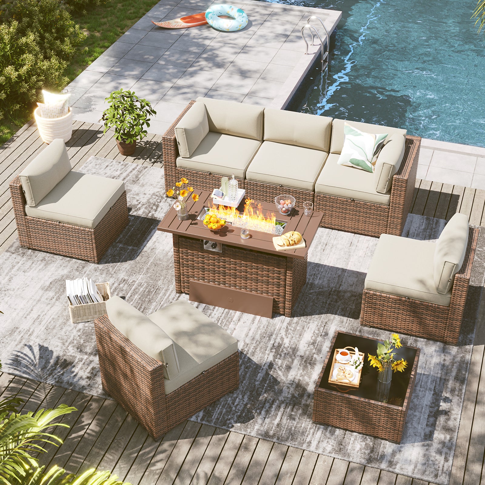 LazySunsets 7 Piece Outdoor Patio Furniture Set with Coffee Table, Outdoor Patio Furniture Sets with Waterproof Cover, Wicker Rattan Outdoor Conversation Set for Backyard & Garden, Beige
