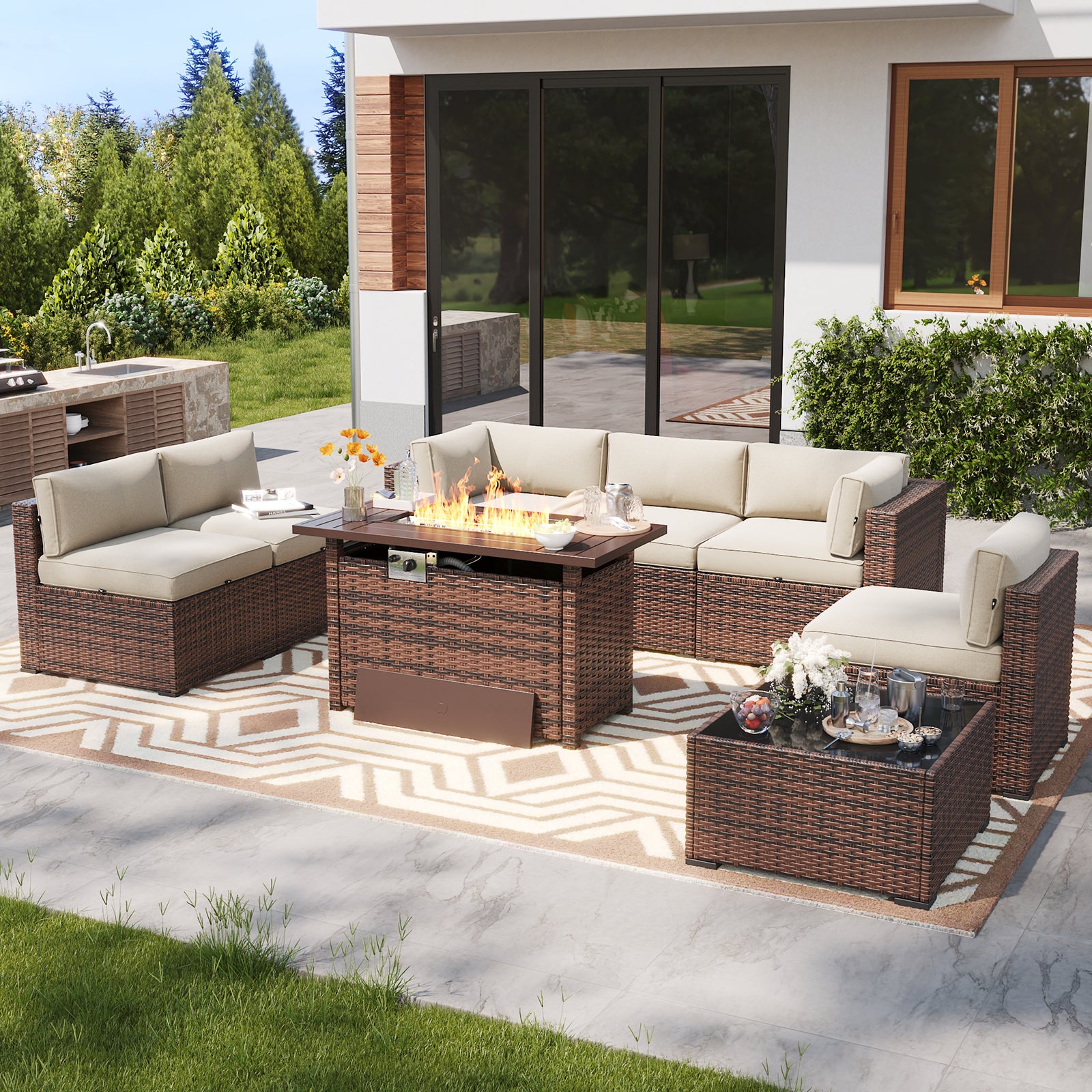 LazySunsets 7 Piece Outdoor Patio Furniture Set with Coffee Table, Outdoor Patio Furniture Sets with Waterproof Cover, Wicker Rattan Outdoor Conversation Set for Backyard & Garden, Beige