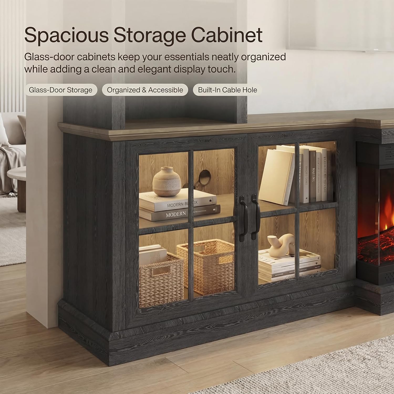 Breezestival Black Farmhouse TV Stand with Fireplace, Entertainment Center, 98" Wall Unit Media Console with Bookshelf, Cabinet &amp; Power Outlets &amp; Barn Doors, Fits TVs Up to 75” for Living Room