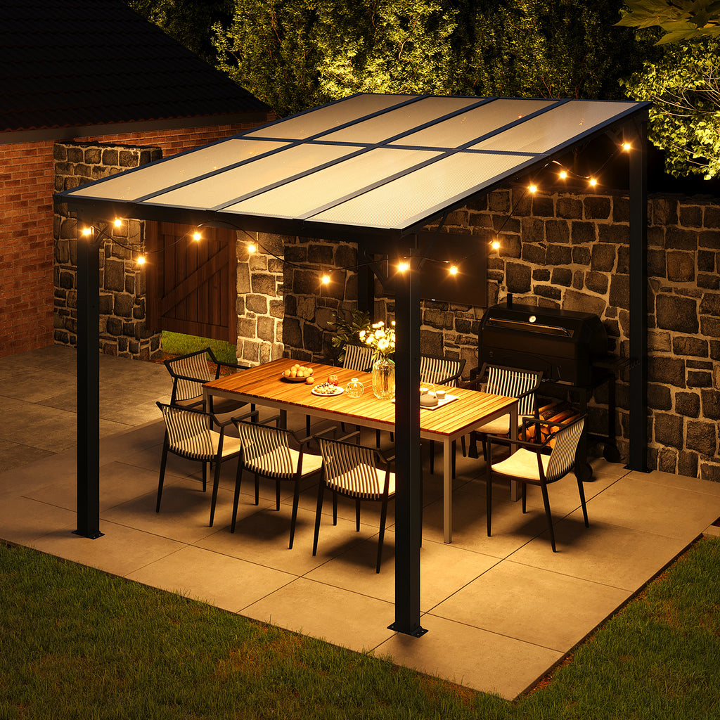 BinpLax 8x10 Lean to Gazebo with Polycarbonate Panel Wall Mounted Gazebo with Aluminum Top Frame Awing for Patio, Deck, Garden