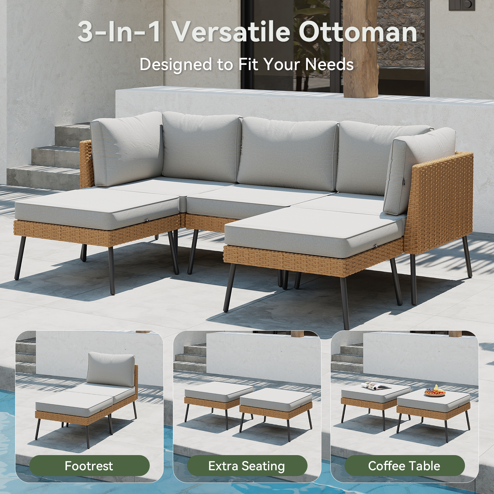 Aoxun 8 Piece Patio Furniture Set, 8 Seats Outdoor Sectional Sofas with Thick Cushion, Wicker Outdoor Patio Furniture Set with Ottomans for Party, Garden, Backyard