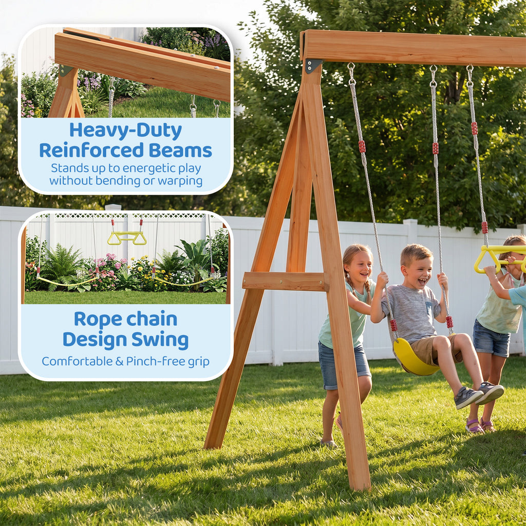 SunSwell Wooden Swing Sets for Backyard - Outdoor Playset with 8 FT Wave Slide, 2 Belt Swings, Play Deck, Monkey Bars, Rock Wall Ladder, Shaded Picnic Area, Snack Bar, Playground Sets,Green