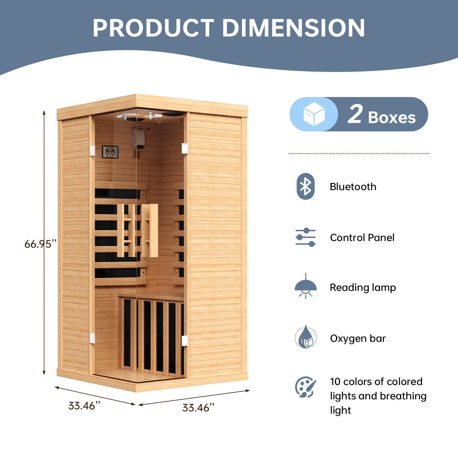 SunSwell  1 Person Home Infrared Saunas with Control Panel,10 Chromotherapy, Bluetooth Speakers, Low EMF Wooden Indoor Sauna for House and Gym,33.4 * 33.4 * 66.9 inch