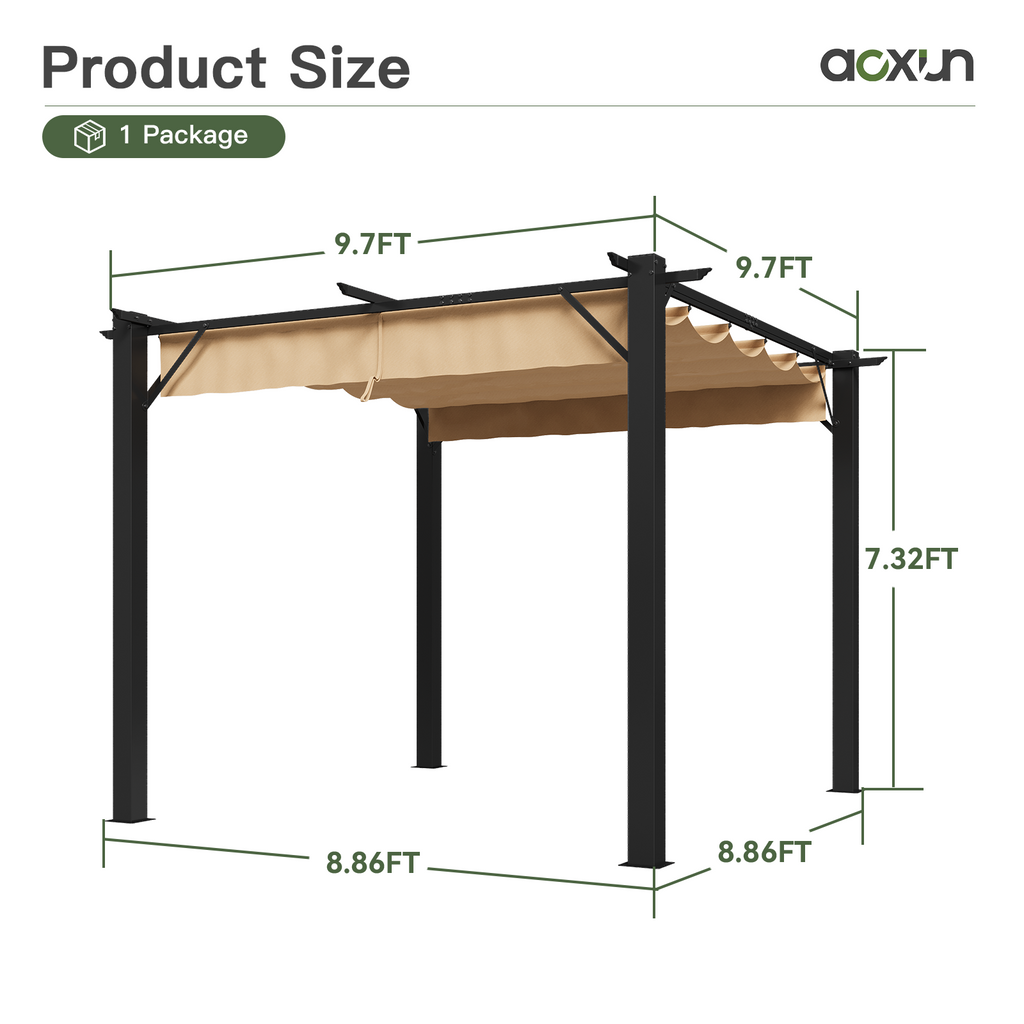 Aoxun 10x10 Retractable Pergola, Outdoor Adjustable Canopy for Patio Sliding Adjustable Canopy | Powder-Coated Alloy Frame | 6 Reinforced Beams | Magnetic Canopy Lock | UV & Water Resistant