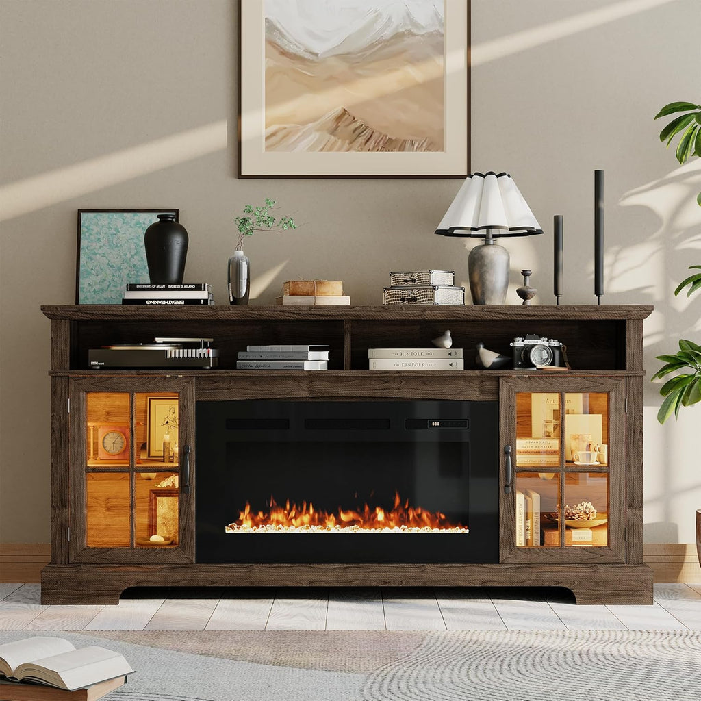 Nordivale 70" Fireplace TV Stand, Modern Entertainment Center for TVs Up to 80”, TV Console with Storage Cabinets, Media Console for Living Room, Brown TV Stand and Black Fireplace