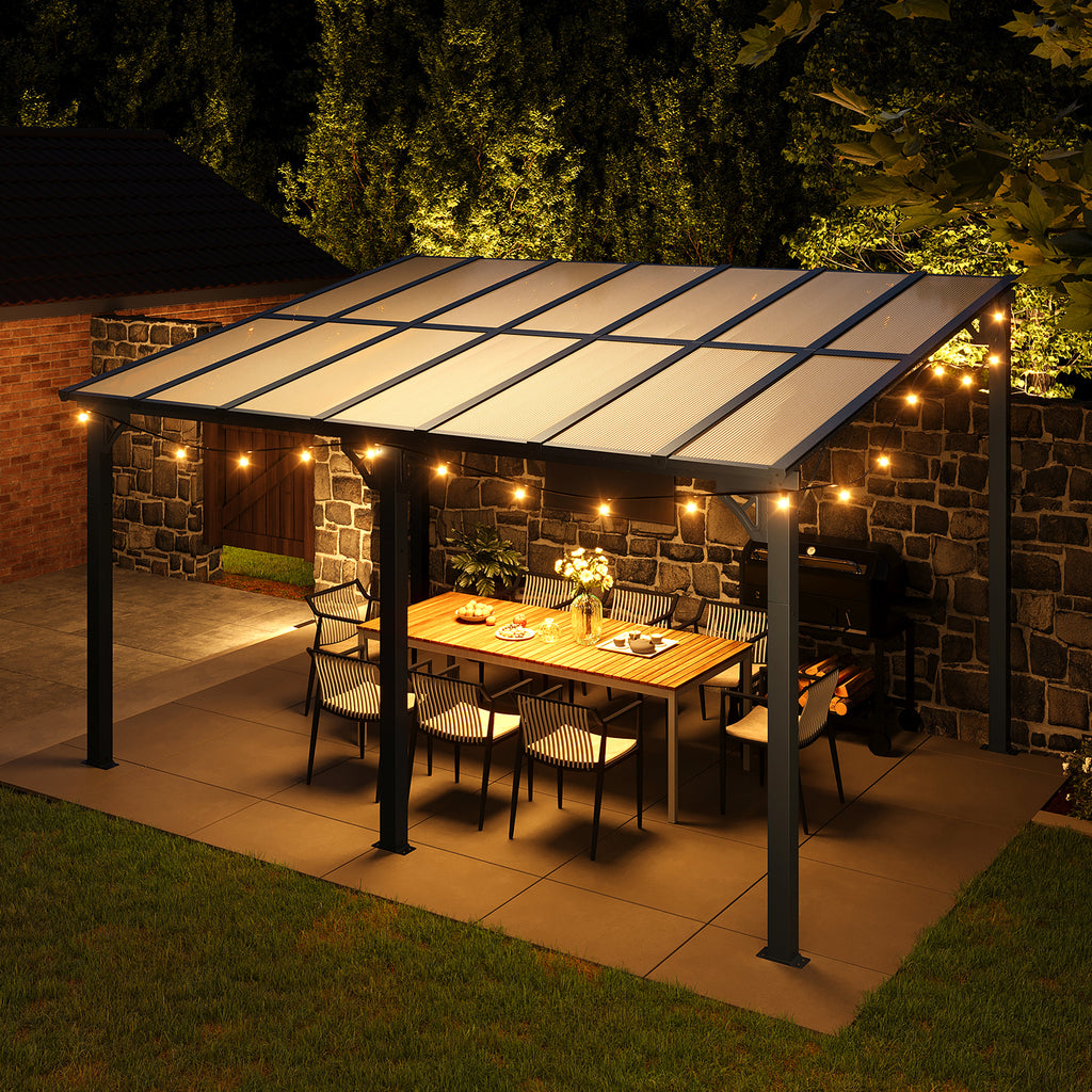 BinpLax 14x10 Lean to Gazebo with Polycarbonate Panel Wall Mounted Gazebo with Aluminum Top Frame Awing for Patio, Deck, Garden