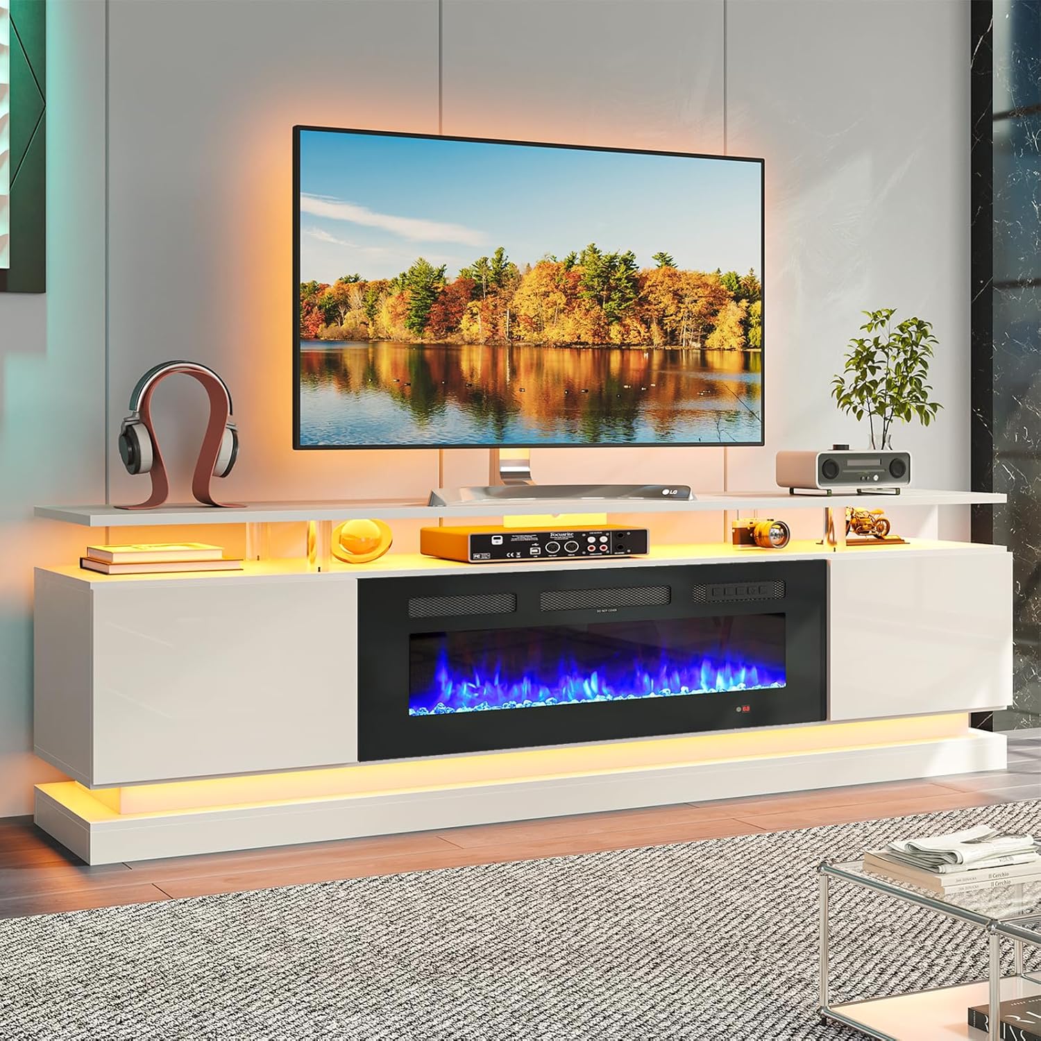 Breezestival 70" Fireplace TV Stand for TVs up to 80", Modern Entertainment Center with Black Fireplace and Storage, White