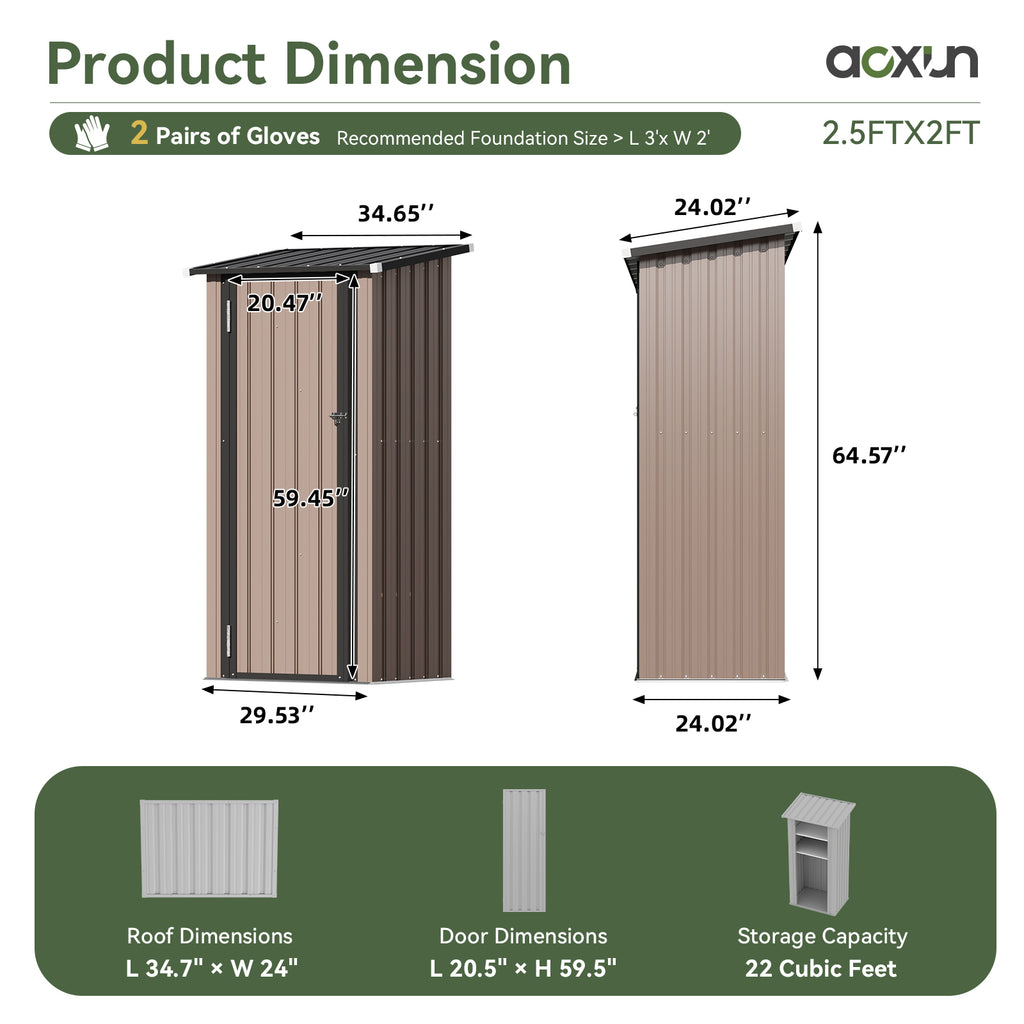 Aoxun Outdoor Storage Cabinet Shed - Vertical Cabinet with Floor, 2 Adjustable Shelves & Lockable Doors, Waterproof Small Tool Shed, for Backyard Garden Patio Lawn Indoor, Brown