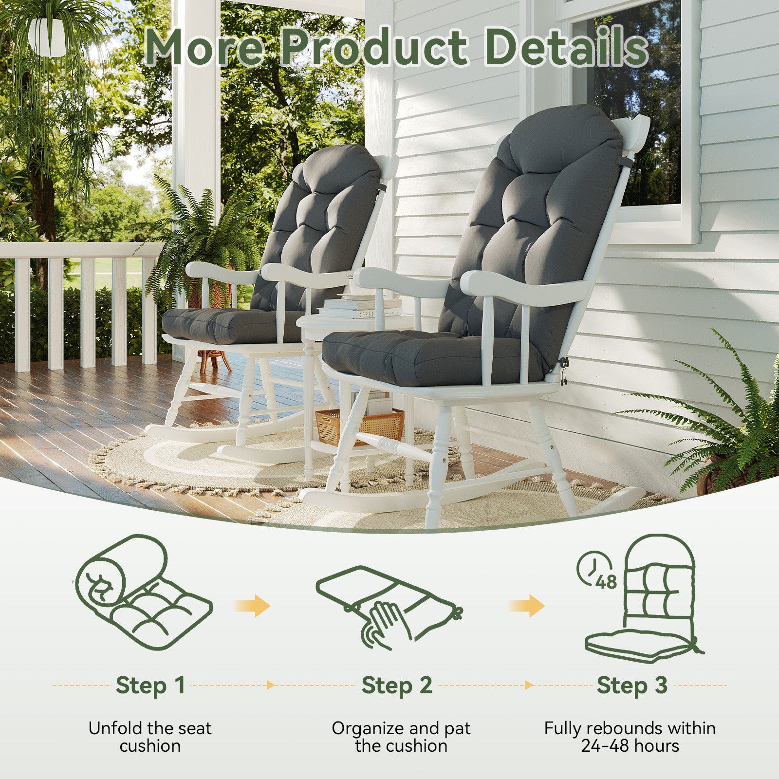 Aoxun Adirondack Chair Cushion, Indoor/Outdoor Rocking Chair Cushion with Ties, Thickened High Back Patio Chair Cushions with High Elasticity PP Cotton Water-Resistant, 2-Pack, Grey