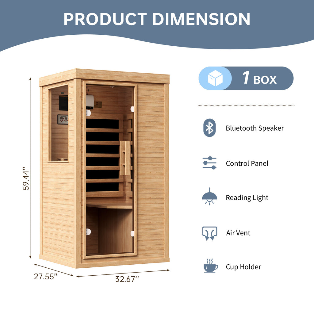 SunSwell Wood Infrared Sauna,1 Person Traditonal Sauna with Reading Light|Canadian Hemlock Indoor Dry Sauna Room for Low EMF with Bluetooth Speakers and Cup Holder，32.7"x 27.5"x 59.5"