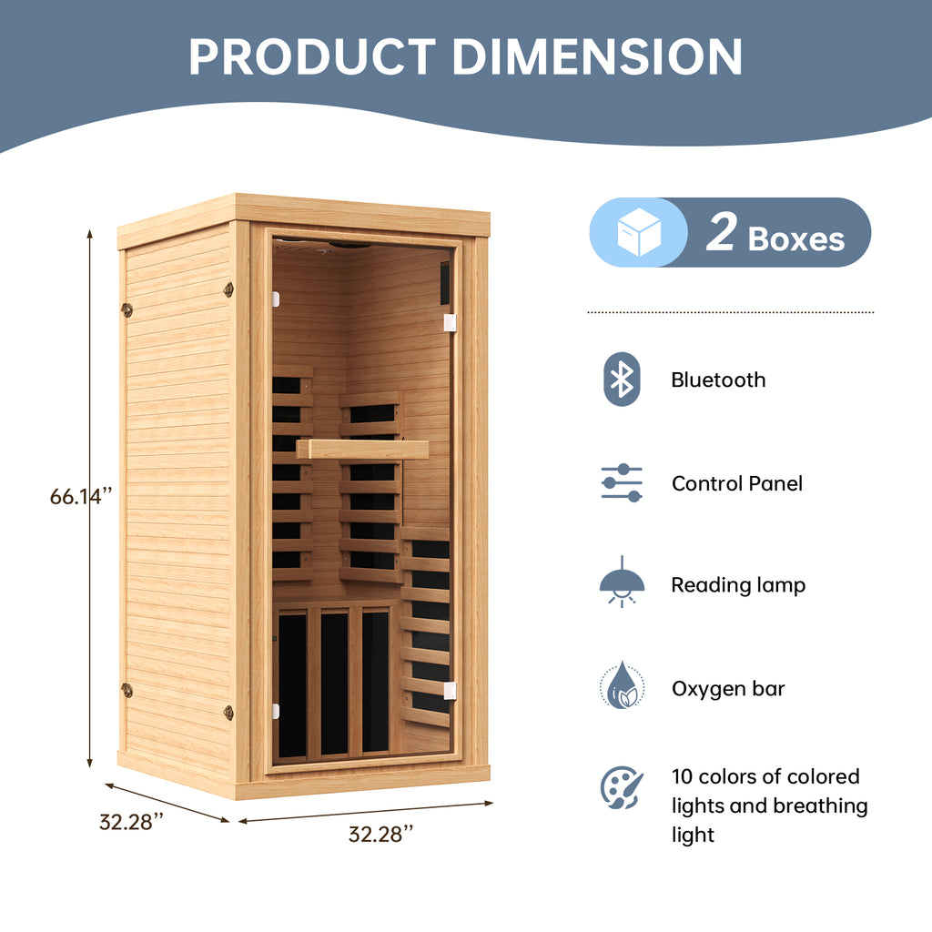 1-2 Person Far Infrared Wooden Sauna Room, Canadian Hemlock Indoor Dry Sauna Spa Room for Low EMF with Bluetooth Speakers and Control Panel, Whole Glass，32.28"x 32.28"x 66.14"