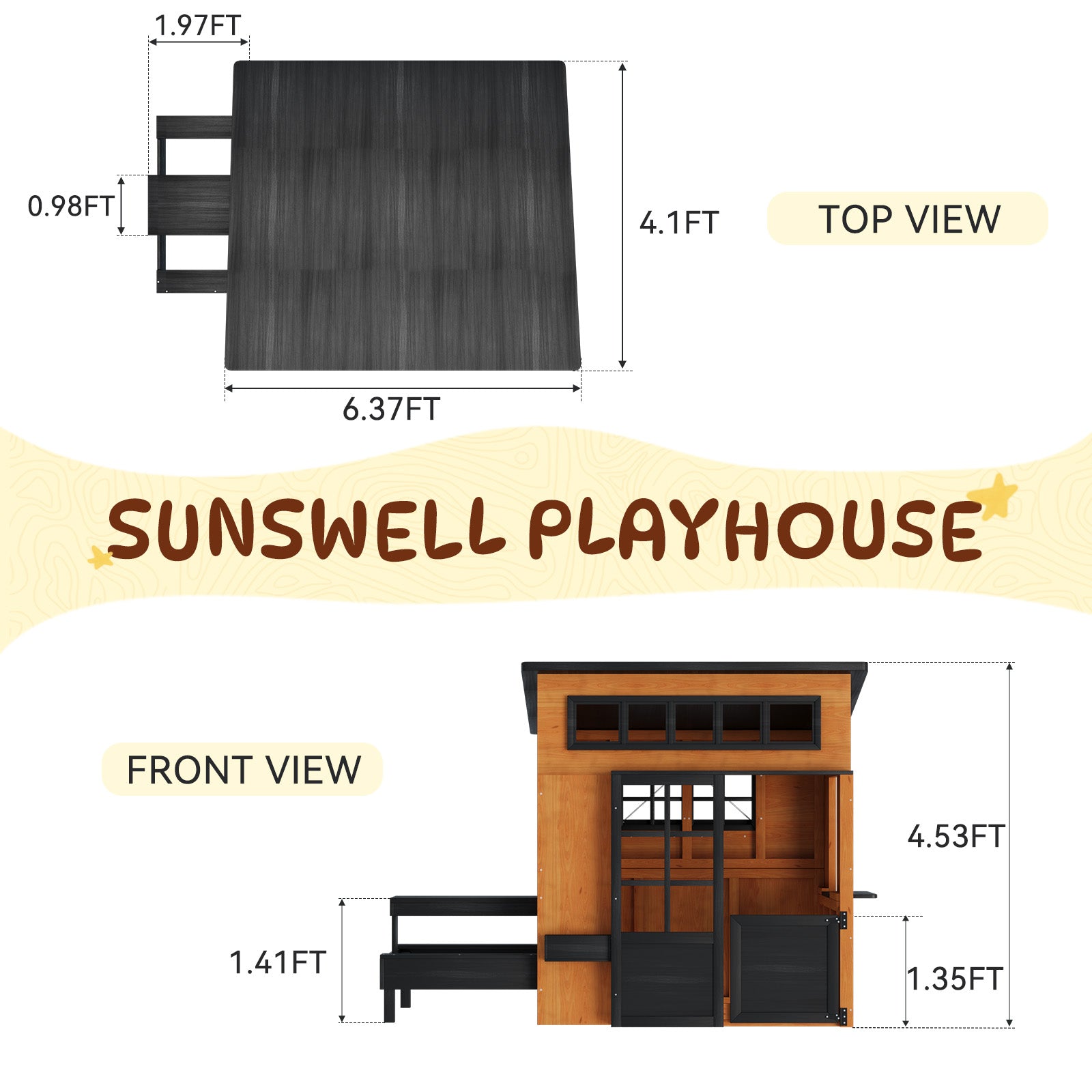 Outdoor Playhouse - Modern Fir Wooden Playhouse for Kids Outdoor with Play Kitchen, Outside Table, Chalkboard, Half Door, Windows, Flower Box, Indoor Outdoor Imaginative Play for Ages 3-8,