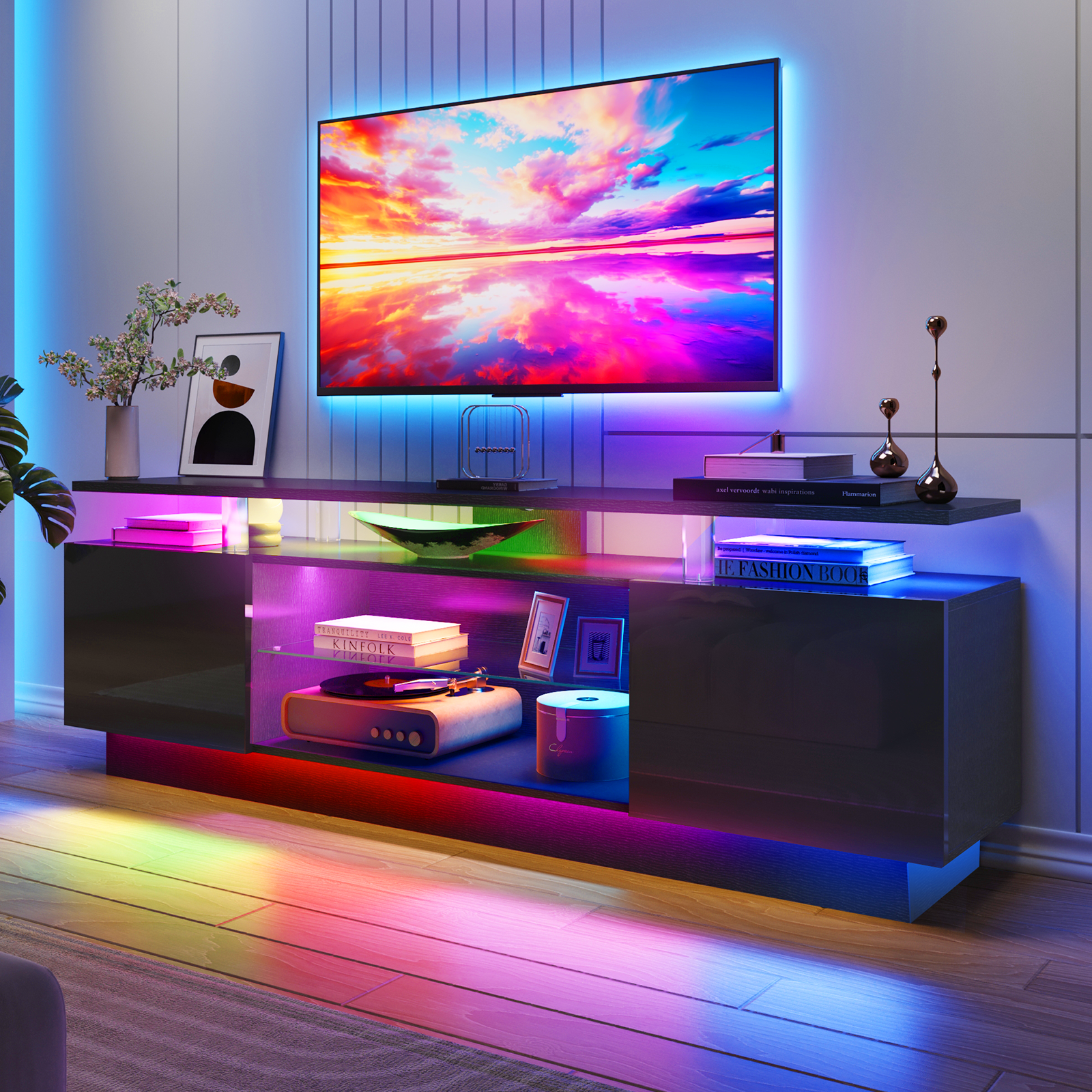 Nordivale 70” High-Glossy TV Stand with 2 Side Cabinets, Modern Stylish TV Console with 3 Layer LED Lights,Gaming TV Media Console with Adjustable Glass Shelf, Remote&APP Control, Black