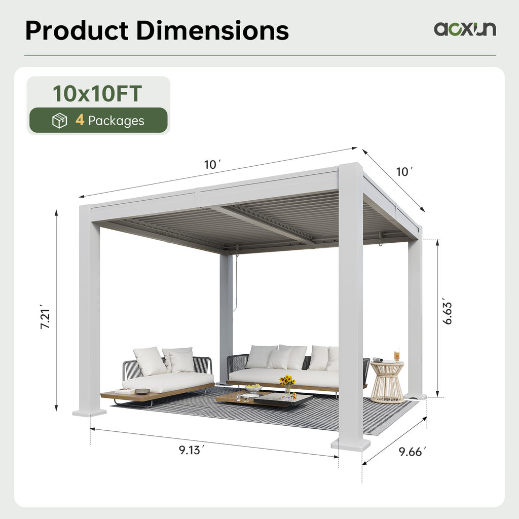 Aoxun Louvered Pergola 10x10, White Outdoor Pergola for Patio，0-90° Dual-Zone Louvers | Hidden Drainage System | Galvanized Steel Frame | 63.5 MPH Wind Rated | 3.8" Thick Posts