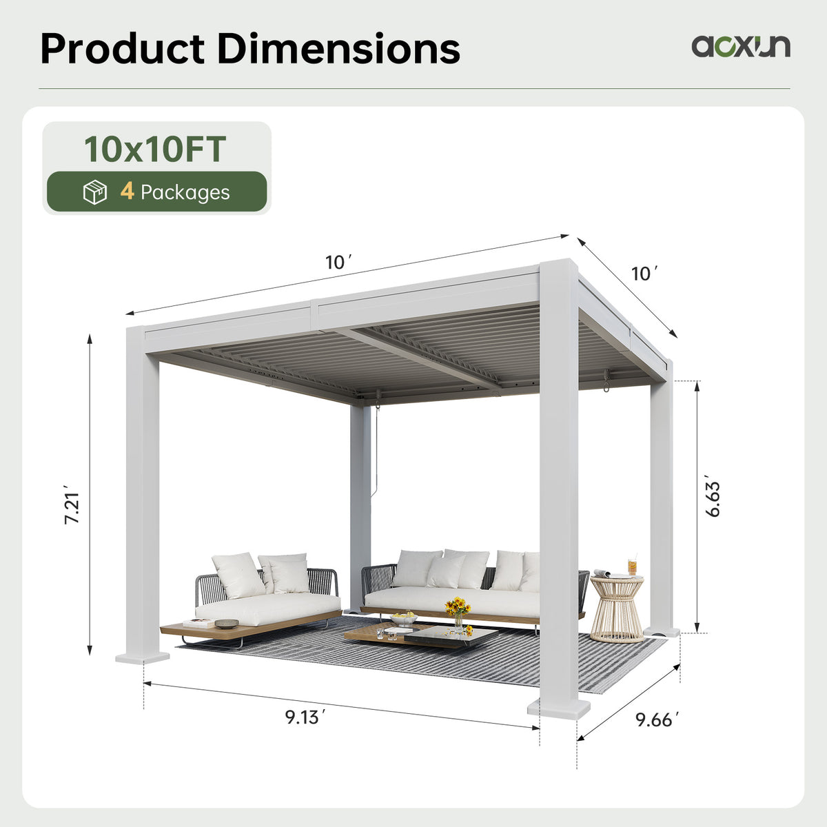 Aoxun Louvered Pergola 10x10, White Outdoor Pergola for Patio，0-90° Dual-Zone Louvers | Hidden Drainage System | Galvanized Steel Frame | 63.5 MPH Wind Rated | 3.8" Thick Posts
