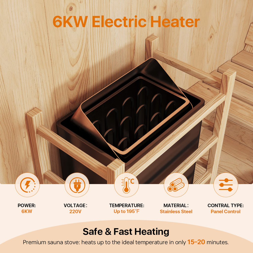 Aoxun Outdoor Barrel Sauna, 4-6 Person Tradition Wood Dry＆Steam Sauna with Sauna Stone, 220V/6KW Electric Heater